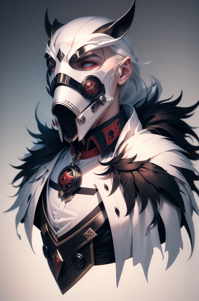 a fierce monarch ruler with piercing red eyes, hair of white silk, on their face a white plague doctor gas mask with the beak of a raven, ww1 uniform, ww2 uniform, military uniform, fantasy white plague doctor mask with a beak, highly detailed, photorealistic, 8k, masterpiece, dramatic lighting, cinematic, dark fantasy, dramatic, moody, gritty, gothic, cold colors, transformative palette, chiaroscuro, dramatic shadows, powerful, imposing, authoritarian, dystopian, post-apocalyptic, royalty, powerful