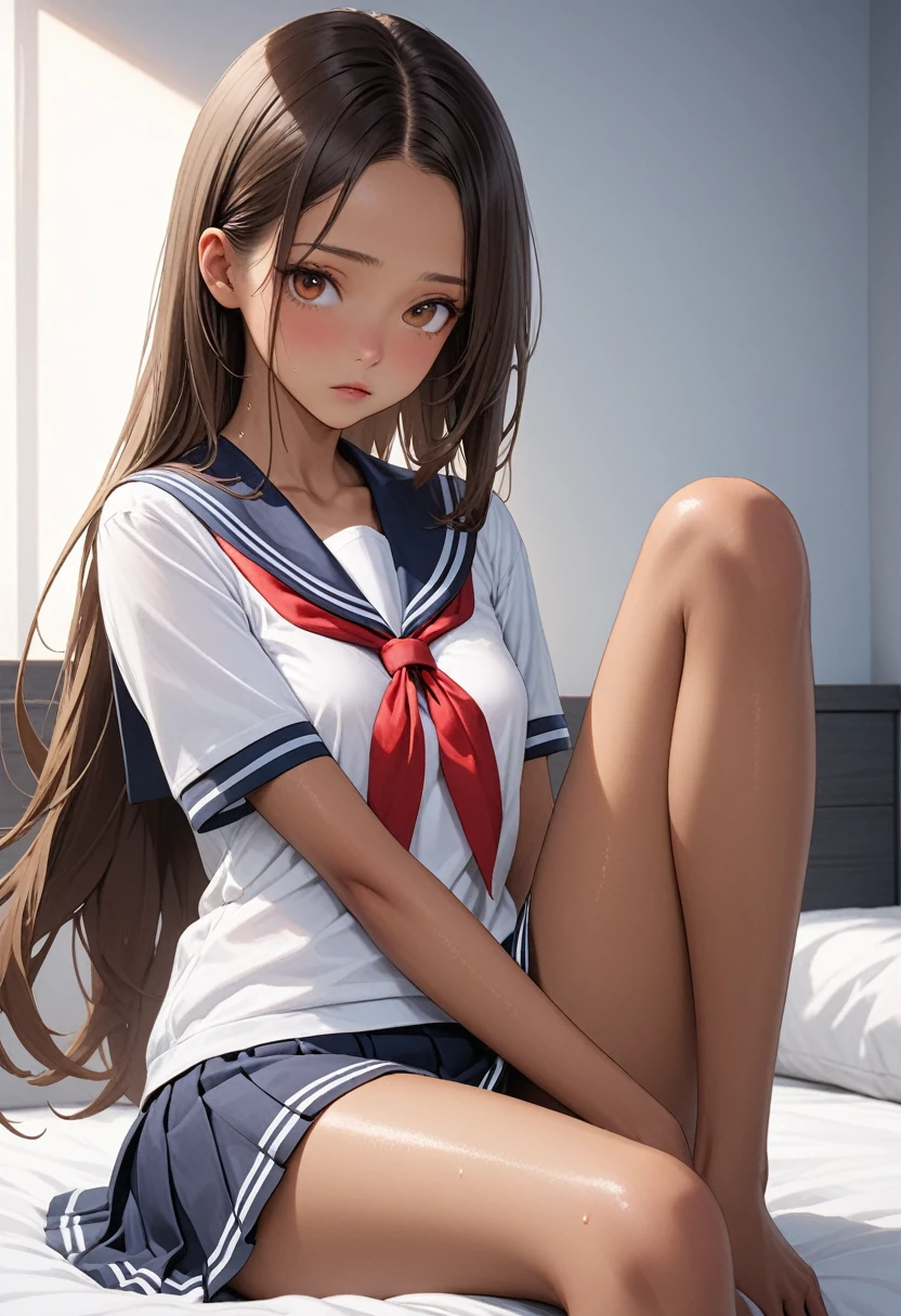 ((masterpiece,Highest quality:1.3,best quality illustration)),realistic,cowboy shot,1woman,(Mature Beauty),((very small head:1.4)),ideal ratio body proportions,brown hair,straight long hair,center parted bangs,gorgeous big eyes,brown eyes,shy、((tan skin,skinny,slender body)),、White short-sleeved sailor uniform、Navy blue sailor collar、Red neckerchief、Navy blue pleated mini skirt,small breasts,gleaming skin,sweat,sitting,leg up,Simple bed、Simple bedroom、Tokyo、nsfw,