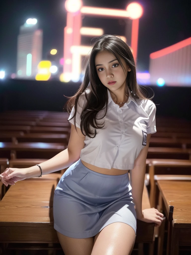 1girl, solo, (uniform), at night club, detailed realistic city scenery at the background, thick breasts, smooth realistic skin, tight white shirt, grey blue short skirt, looking at the audience, overhead view, (zoom out:1.4), (8k, RAW photo, best quality, masterpiece: 1.3), (realistic, realistic: 1.37), ultra-high resolution