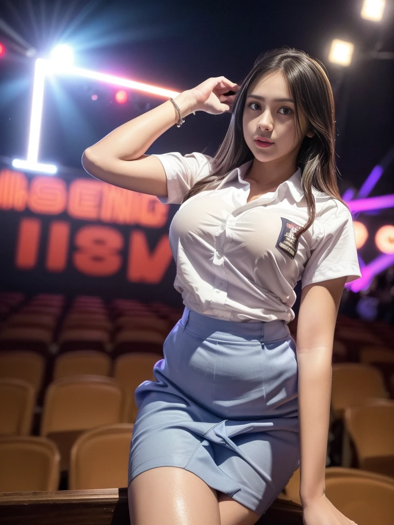 1girl, solo, (uniform), at night club, detailed realistic city scenery at the background, thick breasts, smooth realistic skin, tight white shirt, grey blue short skirt, looking at the audience, overhead view, (zoom out:1.4), (8k, RAW photo, best quality, masterpiece: 1.3), (realistic, realistic: 1.37), ultra-high resolution
