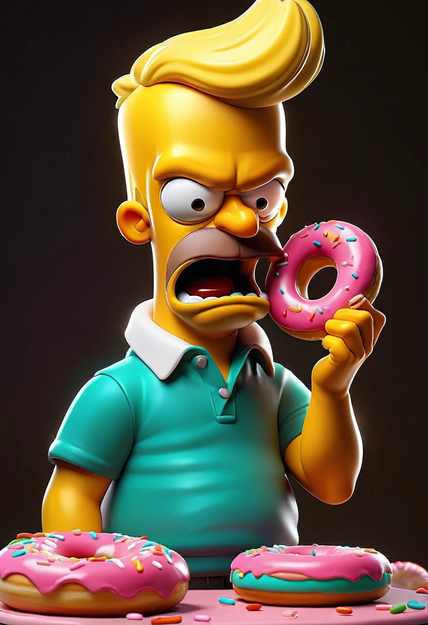 a Simpson character, cartoon, 3d render, highly detailed, eating donut,photorealistic, 4k, masterpiece, vivid colors, soft lighting, , hyperrealistic, digital painting, cinematic lighting, intricate details, sharp focus, volumetric lighting, subsurface scattering
