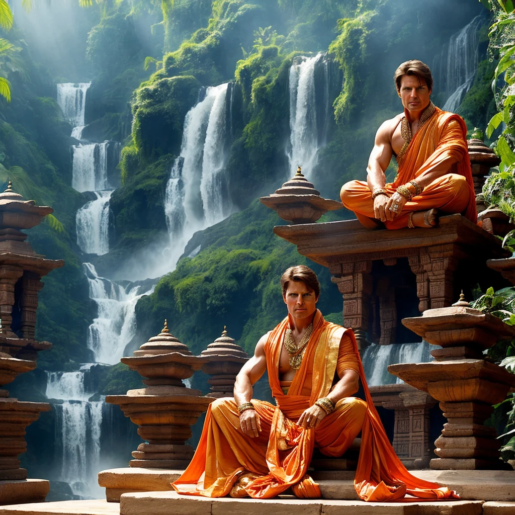In this 8K high-resolution image, Tom Cruise is depicted as a captivating figure, transformed into an Indian character. He sits in a serene pose, his hair styled in a dramatic, large wave, adorned with intricate golden ornaments. His attire is distinctive, wearing an orange dhoti, a traditional Indian garment, which is tightly wrapped and perfectly-tied around his waist.
Tom Cruise's character, the "Prey of God," is seated in a temple, surrounded by lush greenery and a serene river flowing peacefully beside it. The temple structure is meticulously detailed, showing the craftsmanship of ancient Indian architecture. Sun