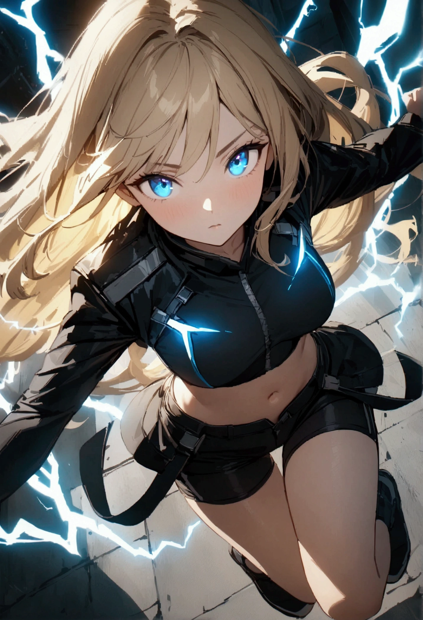 blonde, long flowing hair, cinematic, light blue eyes, glowing effect, electricity, 1 girl, beautiful girl, shorts, small black jacket with tight black shirt under, show navel, jumping in air, epic, masterpiece, futuristic, flowing lightning energy around body, Lightning Glow effect, very detailed, action pose, from above view depth of field.