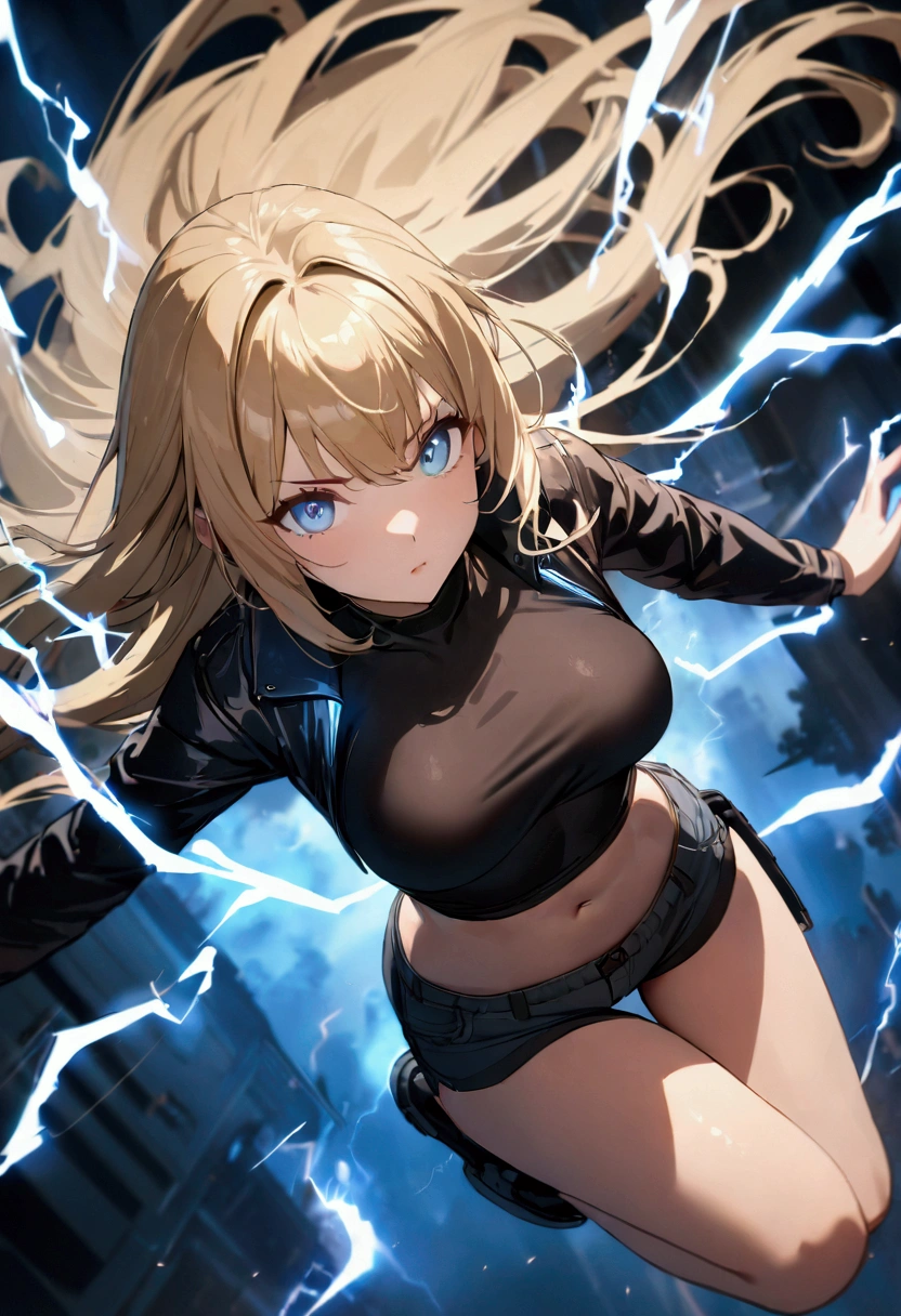 blonde, long flowing hair, cinematic, light blue eyes, glowing effect, electricity, 1 girl, beautiful girl, shorts, small black jacket with tight black shirt under, show navel, jumping in air, epic, masterpiece, futuristic, flowing lightning energy around body, Lightning Glow effect, very detailed, action pose, from above view depth of field.
