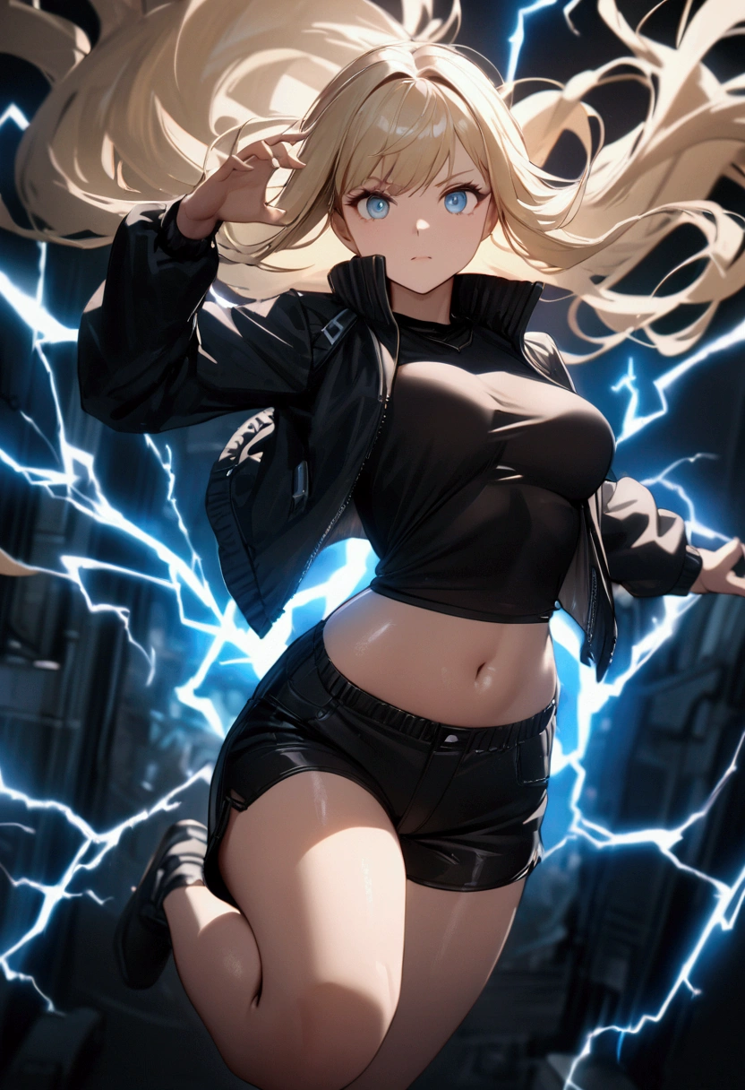 blonde, long flowing hair, cinematic, light blue eyes, glowing effect, electricity, 1 girl, beautiful girl, shorts, small black jacket with tight black shirt under, show navel, jumping in air, epic, masterpiece, futuristic, flowing lightning energy around body, Lightning Glow effect, very detailed, action pose, from above view depth of field.
