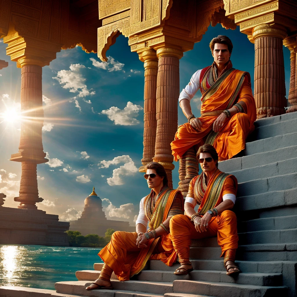 In an 8K high-resolution image, Tom Cruise is depicted as a captivating character, adorned with a vibrant orange dhoti and an extravagant head of hair, embodying the essence of an Indian hero. Seated within a grand temple, Tom Cruise's character, the 'prey of God,' appears deep in thought as he gazes upon a serene river flowing outside. The intricate carvings and vibrant colors of the temple walls create a stunning backdrop, while the play of light and shadow highlights the details of Tom Cruise's attire and the tranquility of the scene. The overall image exudes a cinematic feel, show