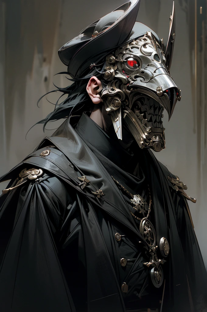 a fierce monarch ruler with piercing red eyes, hair of white silk, on their face a white plague doctor gas mask with the beak of a raven, ww1 uniform, ww2 uniform, military uniform, fantasy white plague doctor mask with a beak, highly detailed, photorealistic, 8k, masterpiece, dramatic lighting, cinematic, dark fantasy, dramatic, moody, gritty, gothic, cold colors, transformative palette, chiaroscuro, dramatic shadows, powerful, imposing, authoritarian, dystopian, post-apocalyptic, royalty, powerful