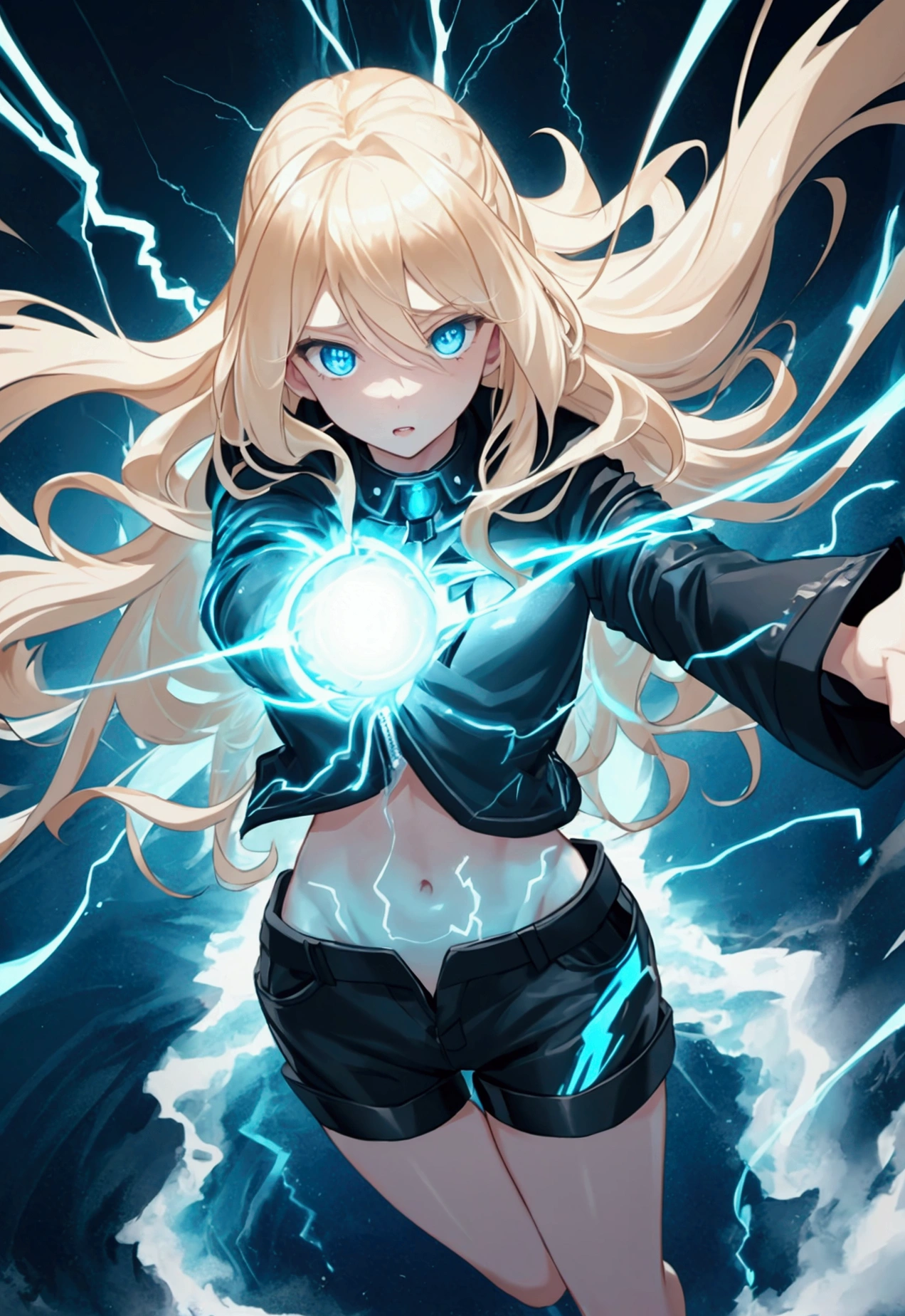 blonde, long flowing hair, cinematic, light blue eyes, glowing effect, electricity, 1 girl, beautiful girl, shorts, small black jacket with tight black shirt under, show navel, jumping in air, epic, masterpiece, futuristic, flowing lightning energy around body, Lightning Glow effect, very detailed, action pose, from above view depth of field.
