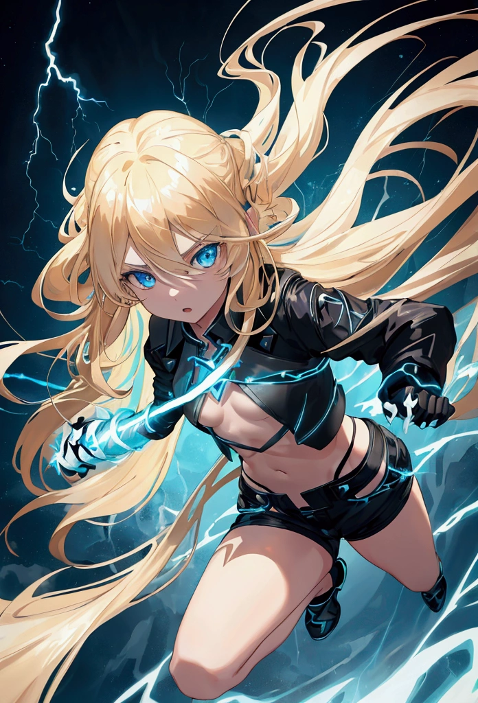blonde, long flowing hair, cinematic, light blue eyes, glowing effect, electricity, 1 girl, beautiful girl, shorts, small black jacket with tight black shirt under, show navel, jumping in air, epic, masterpiece, futuristic, flowing lightning energy around body, Lightning Glow effect, very detailed, action pose, from above view depth of field.
