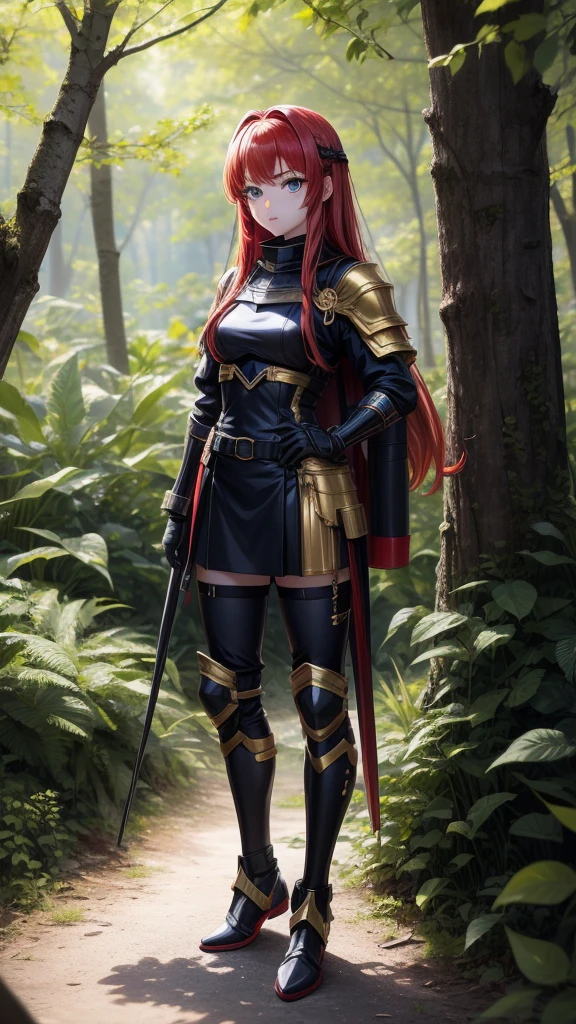 アニメ, 16 year old girl, {face perfect}, {Chanel red hair}, {greeneyes}, {asymmetrical eyes}, {perfect nose}, {red lips}, {full body 5.0}, {very detailed gold and black armor 1.6}, {facing the front, looking at camera}, at a forest}
{8k image}, {ultra resolution 128k}, {ultra quality},(high quality sharpness)