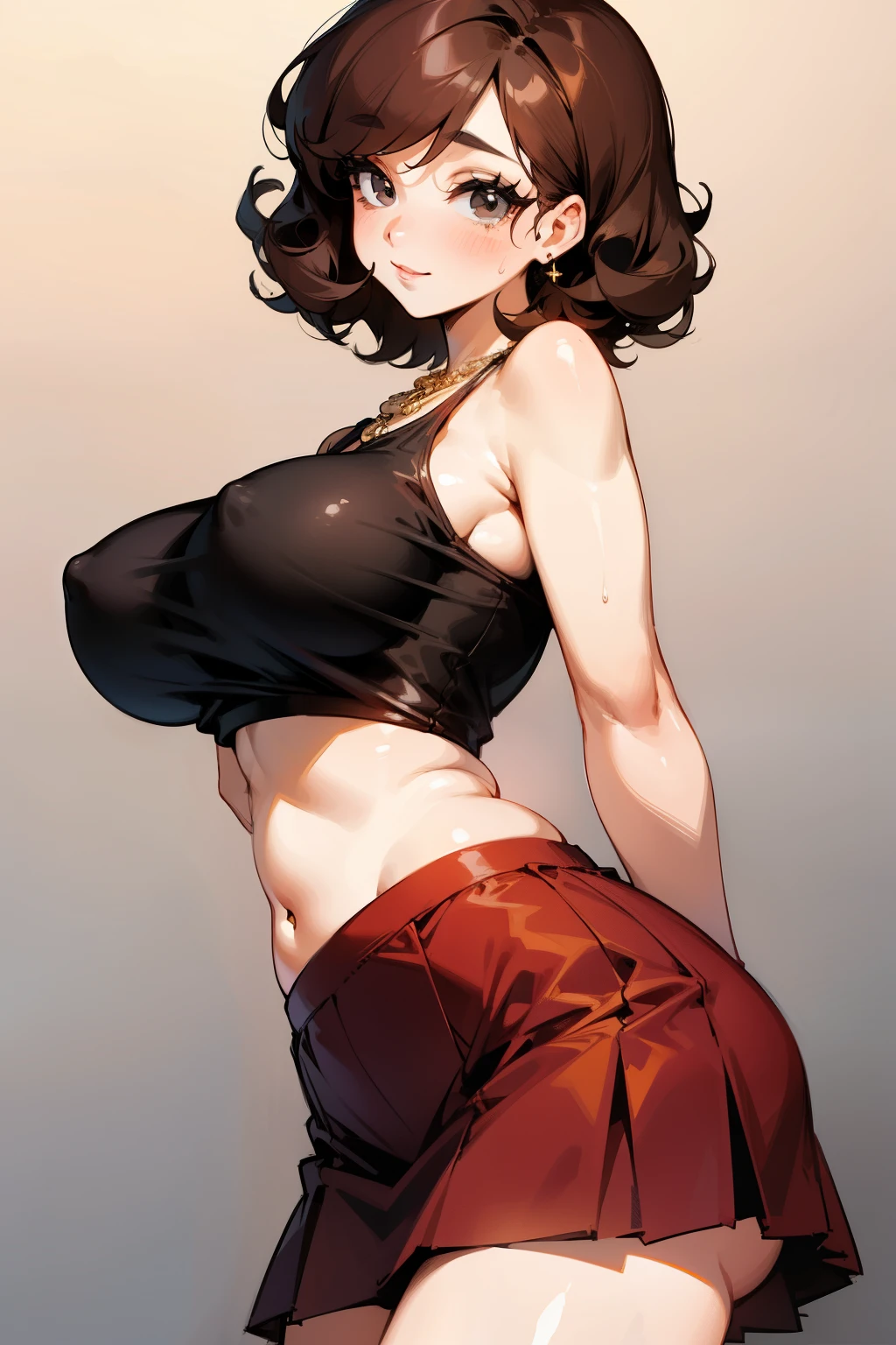 Cute girl, short curly brown hair, black eyes, long eyelashes, necklace, big breasts, exposed belly, very short red skirt, sexy, looking back