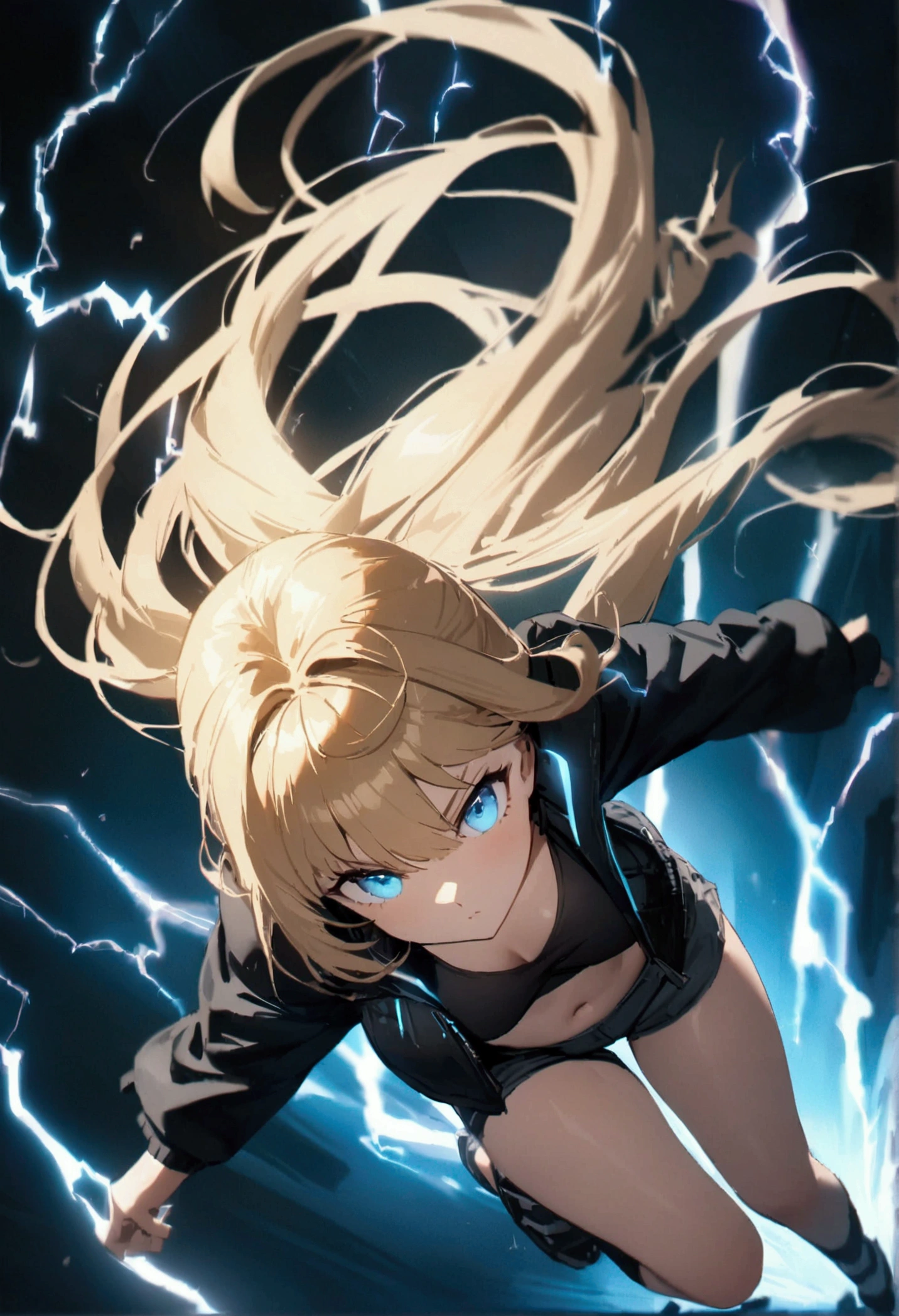 blonde, long flowing hair, cinematic, light blue eyes, glowing effect, electricity, 1 girl, beautiful girl, shorts, small black jacket with tight black shirt under, show navel, jumping in air, epic, masterpiece, futuristic, flowing lightning energy around body, Lightning Glow effect, very detailed, action pose, from above view depth of field.