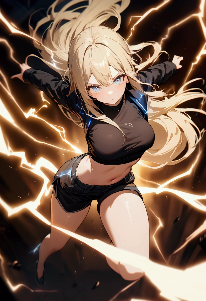 blonde, long flowing hair, cinematic, light blue eyes, glowing effect, electricity, 1 girl, beautiful girl, shorts, small black jacket with tight black shirt under, show navel, jumping in air, epic, masterpiece, futuristic, flowing lightning energy around body, Lightning Glow effect, very detailed, action pose, from above view depth of field.