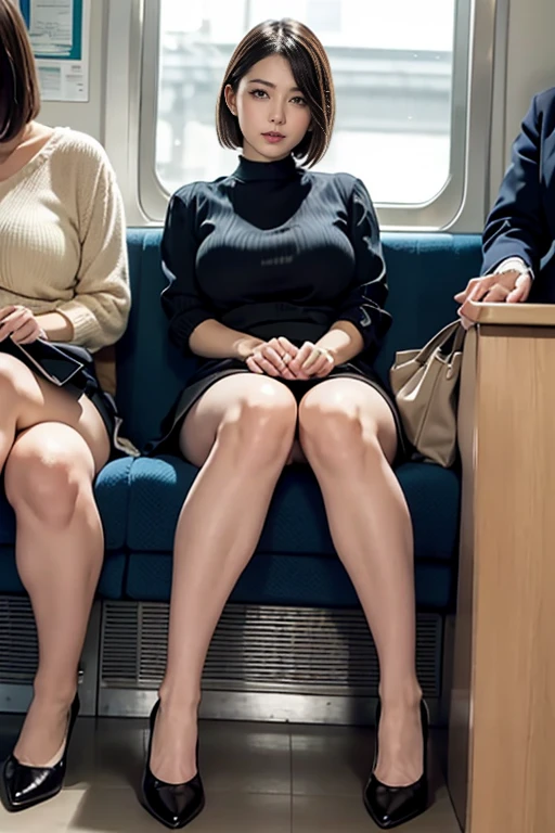 (((Sit well))), Beauty sitting on train seat, Shot from the opposite seat, Knee height seat, View the photographer, Tall woman, One Woman, full body, (Disdainful look), skirt, pantyhose, High heels, Sexy Dress, Long legs, Heavy makeup, Perfect Makeup, Perfectly styled hair