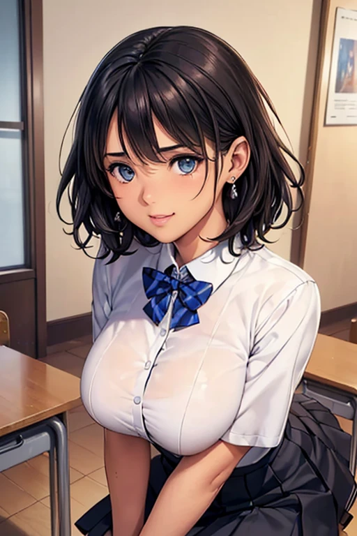 #Basics A girl is posing for a photo, animeのかわいい女の子,  ((One Girl)), (((Baby Face:1.2)) + ((cute:1.3))), 
break 

#Clothing Accessories 
((school uniform)) : ((A school blazer with a black base and white accents)) + ((A pleated skirt with a white base and red check pattern)) + (A tie with a red base and blue diagonal lines) + ((Black Pantyhose)) + (Brown Loafers),  
((Red earrings)), 
break 

#Features 
(((Black Hair)), (Bangs that reveal the forehead + I can see a beautiful forehead), Hair blowing in the wind, (short hair : Wavy Hair + Thin Hair)), 
((Droopy eyes:1.4, Big eyes:1.2), blue eyes), (Small breasts), (Brown skin), 
break 

#background environment 
((noon + Sunshine + School classroom)), 
#Facial Expression Pose  
(smile), ((squat, turn around)), 
#composition 
((Face the camera, (Focus from the front), Cowboy Shot)), 
break 

#Body parts elements 
(Slim figure), 
(Detailed Hair, Beautiful Hair, Shiny Hair), 
(double eyelid, Long eyelashes), 
(Expression of fine eyes, Beautiful and delicate eyes, Sparkling eyes, Eye Reflexes, Glitter Eyeliner), 
(Human Ear), 
(Beautiful Nose, Thin Nose), 
(Glossy Lips, Beautiful Lips, Thick lips), (Symmetrical facial features), 
(Detailed skin, Textured skin, Beautiful Skin, Oily skin), 
break 

#Quality Image Quality Common 
(((Highest quality)), ((masterpiece)), ((Very detailed))), ((Ultra-high resolution)), ((16K, 1080P)), ((FHD)), 
(Anatomically correct), (Realistic), (3DCG), (oil), 
#Quality image illustration 
((comics, anime)), CG illustration,
