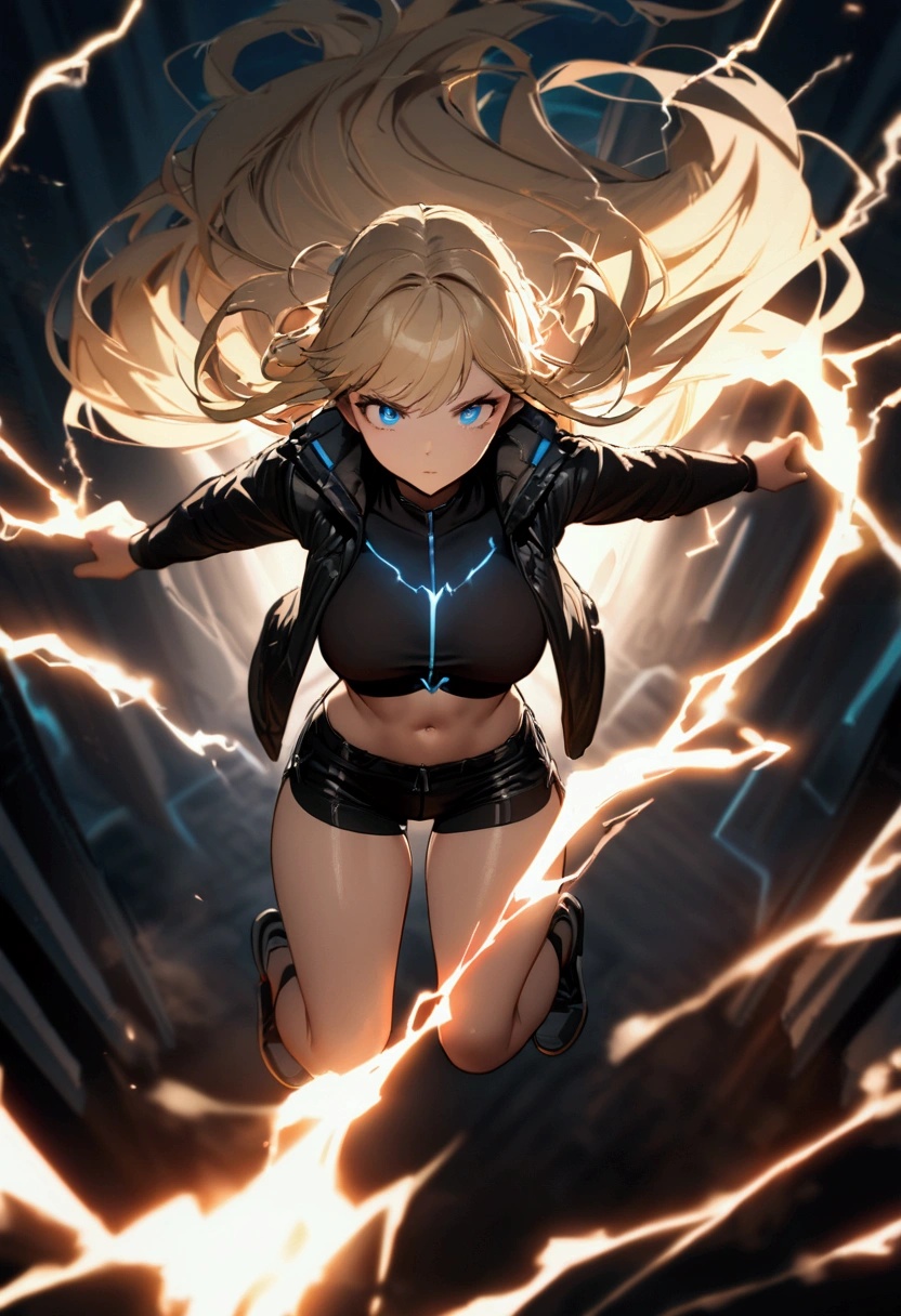 blonde, long flowing hair, cinematic, light blue eyes, glowing effect, electricity, 1 girl, beautiful girl, shorts, small black jacket with tight black shirt under, show navel, jumping in air, epic, masterpiece, futuristic, flowing lightning energy around body, Lightning Glow effect, very detailed, action pose, from above view depth of field, muscle definition.