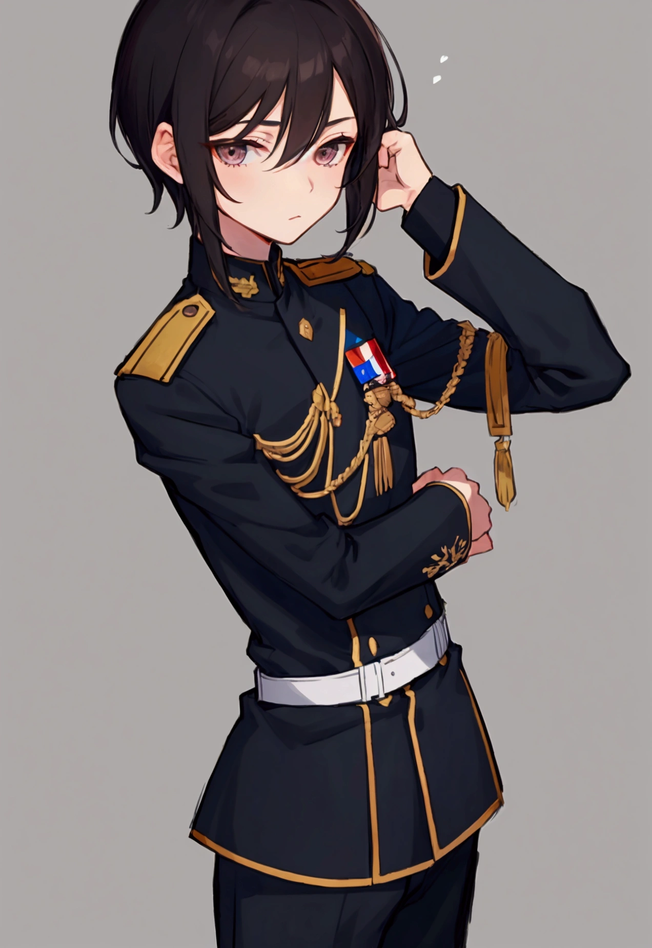 1boy, dark hair, side swept hair, short hair, military uniform, noble clohtes, dark Eyes, shota, short stature,