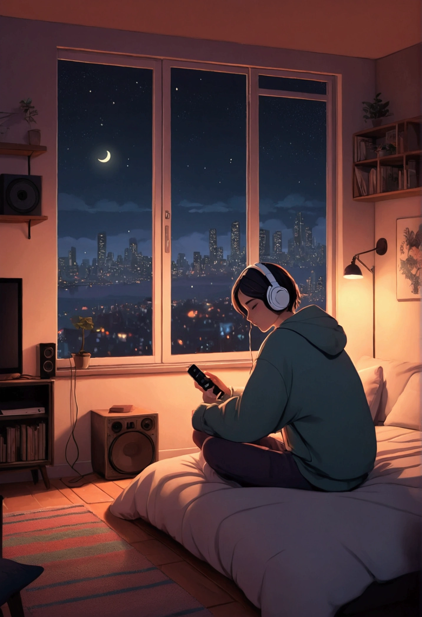 Perfect image, 8k, night、Girl listening to music in a cozy room, Using headphones, 2D-style animation, Lo-Fi, hard disk, Dark Environment, Hugging your boyfriend,