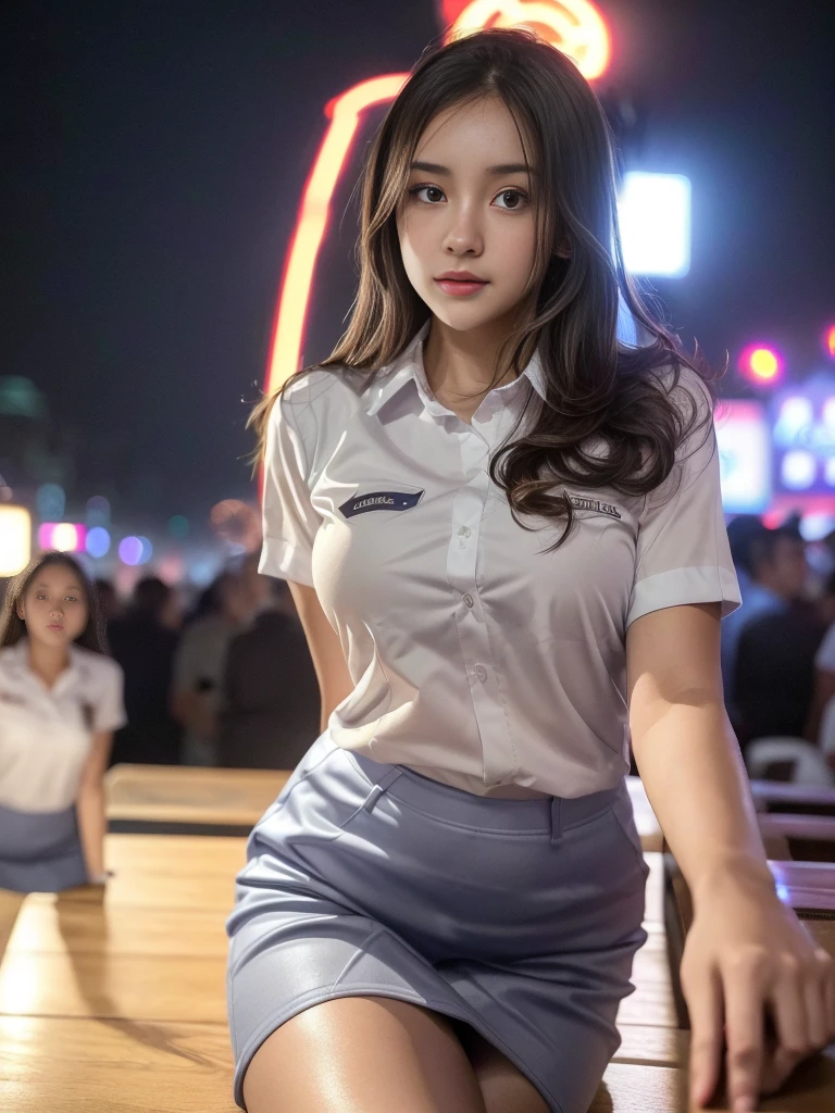1girl, solo, (uniform), at night club, detailed realistic city scenery at the background, thick breasts, smooth realistic skin, tight white shirt, grey blue short skirt, looking at the audience, overhead view, (zoom out:1.4), (8k, RAW photo, best quality, masterpiece: 1.35), (realistic, realistic: 1.37), ultra-high resolution