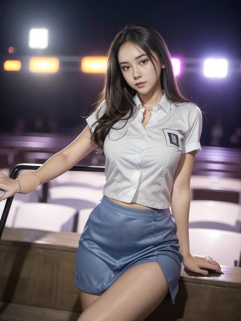 1girl, solo, (uniform), at night club, detailed realistic city scenery at the background, thick breasts, smooth realistic skin, tight white shirt, grey blue short skirt, looking at the audience, overhead view, (zoom out:1.4), (8k, RAW photo, best quality, masterpiece: 1.35), (realistic, realistic: 1.37), ultra-high resolution