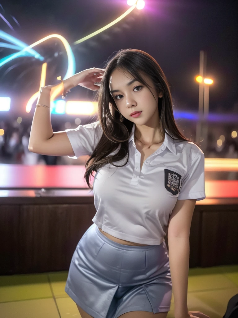 1girl, solo, (uniform), at night club, detailed realistic city scenery at the background, angry face, thick breasts, smooth skin, tight white shirt, grey blue short skirt, looking at the audience, (zoom out:1.4), (8k, RAW photo, best quality, masterpiece: 1.3), (realistic, realistic: 1.37), ultra-high resolution
