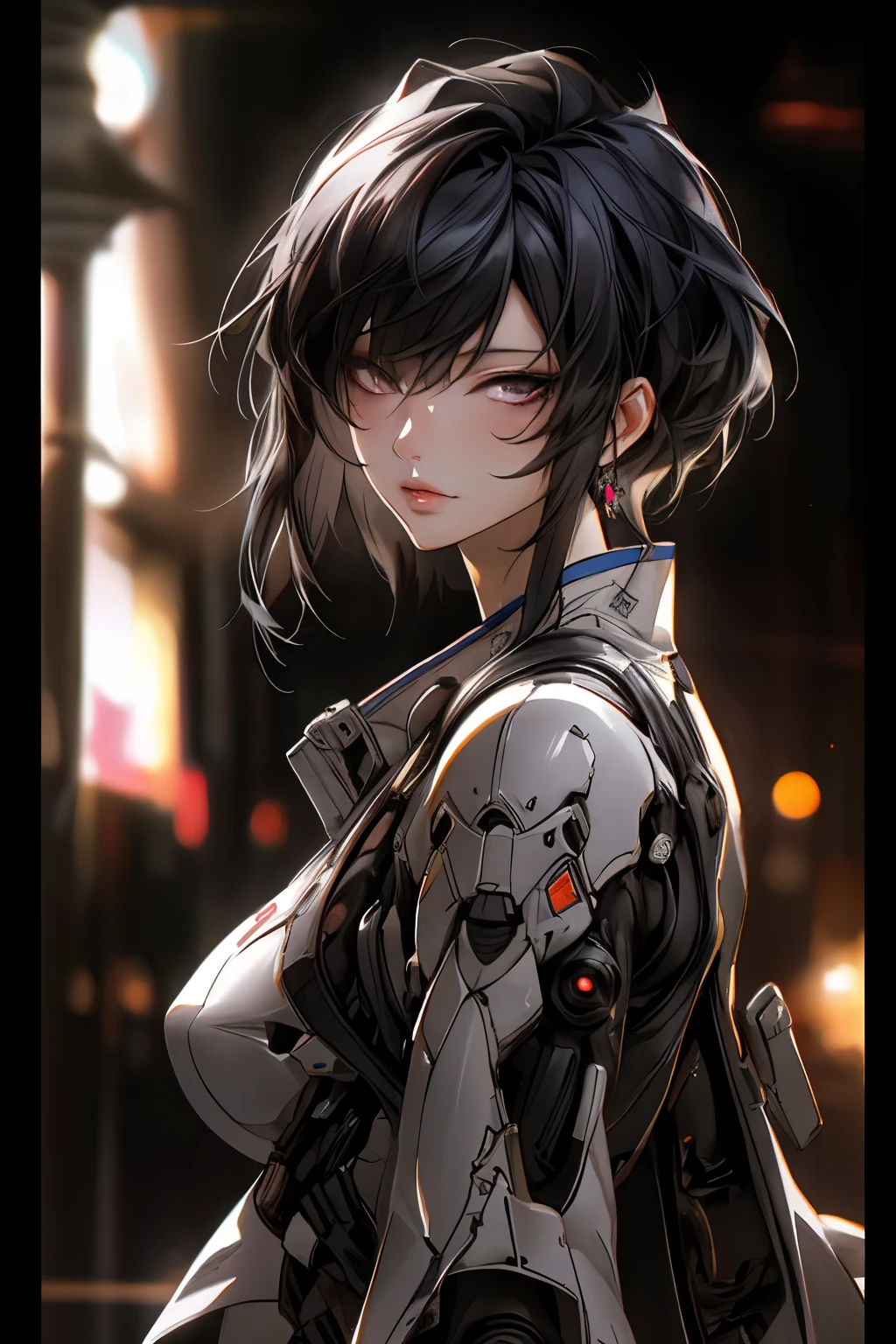 ((best quality)), ((Masterpiece)), (details:1.4), 3d, Image of a beautiful cyberpunk woman., HDR (high dynamic range), mature woman, Curtain Bangs, Black hair, white eyes, SWAT uniform, PBR surface, After processing, Anisotropic filtration,depth of field, Maximum clarity and clarity, multi-layered surface, perfect proportions, 8K raw files, cyberpunk, at night, ผมหลายชั้น, กระโปรงสั้น, natural lighting, soft lighting, sunlight, หน้าอกใหญ่,