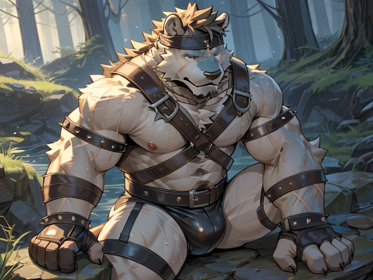Solo Sexy anthro furry otter male; ancient barbarian forest warrior; slim mesomorph handsome model apperance apperance; boy's messy hair bangs headband; sexy toned muscules; half Anthro feet legs, sword scars; worn out rusty sexy skimpy armament. He has low on hips heavy leather studded heavy belt. he has narrow in the crotch very old worn out jockstrap (smelly jockstrap fetish); His jockstrap it is made of old white linen material sewn together from a few pieces, it has never been washed, it is dirty and has stains from secretions of dried semen and sweat; His armor is old heavy brown harness with armlets studded with spikes; he has old brown leather BFR Bands on Biceps and his thighs, he has old worn out fingerless leather gloves. Even though he is a handsome and sexy young man, he has a sloppy appearance, has disheveled unwashed dirty fur, dirty body look. He stands proudly bravely with one foot on a higher stone in the swampy sunny forest; he has a proud,
