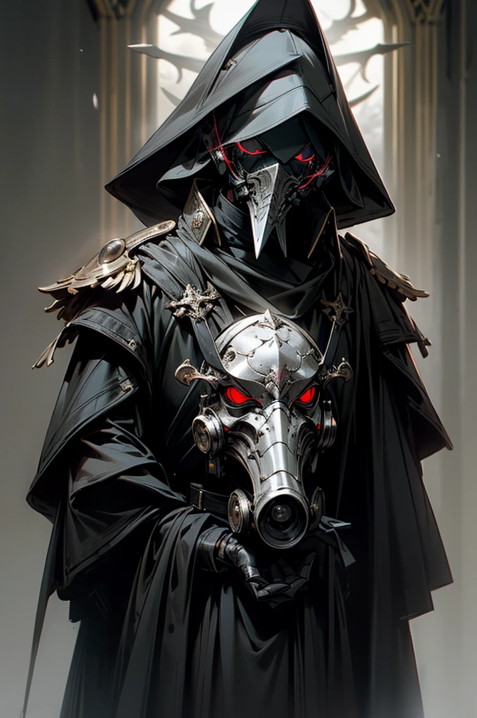 a fierce ruler with piercing red eyes, hair of snow, on their face a white plague doctor gas mask, ww1 uniform, ww2 uniform, military uniform, fantasy white plague doctor mask, highly detailed, photorealistic, 8k, masterpiece, dramatic lighting, cinematic, dark fantasy, dramatic, moody, gritty, gothic, cold colors, transformative palette, chiaroscuro, dramatic shadows, powerful, imposing, authoritarian, dystopian, post-apocalyptic, royalty, powerful