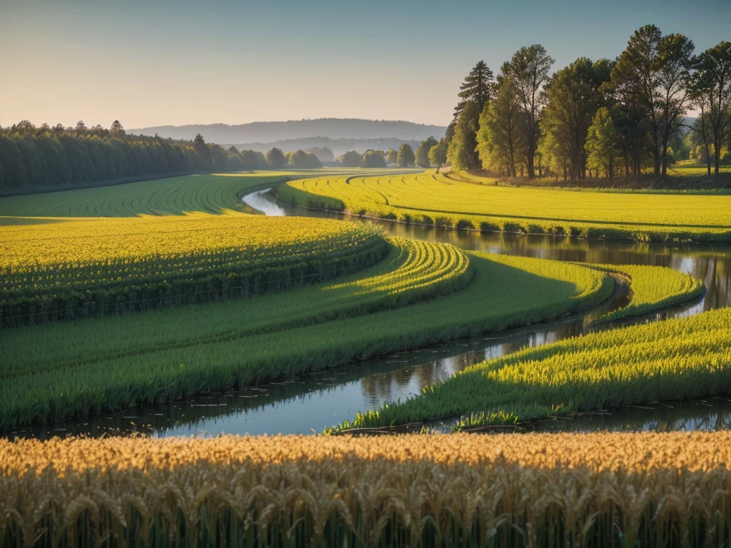 super realism, professional photo for a glossy magazine, beautiful wide panorama. beautiful large wheat field, spring, tall trees, river in the distance, trees blooming, hyperrealism, beautiful, fantasy, botanical, high detail, super realism, beautiful panorama, dawn, 80k