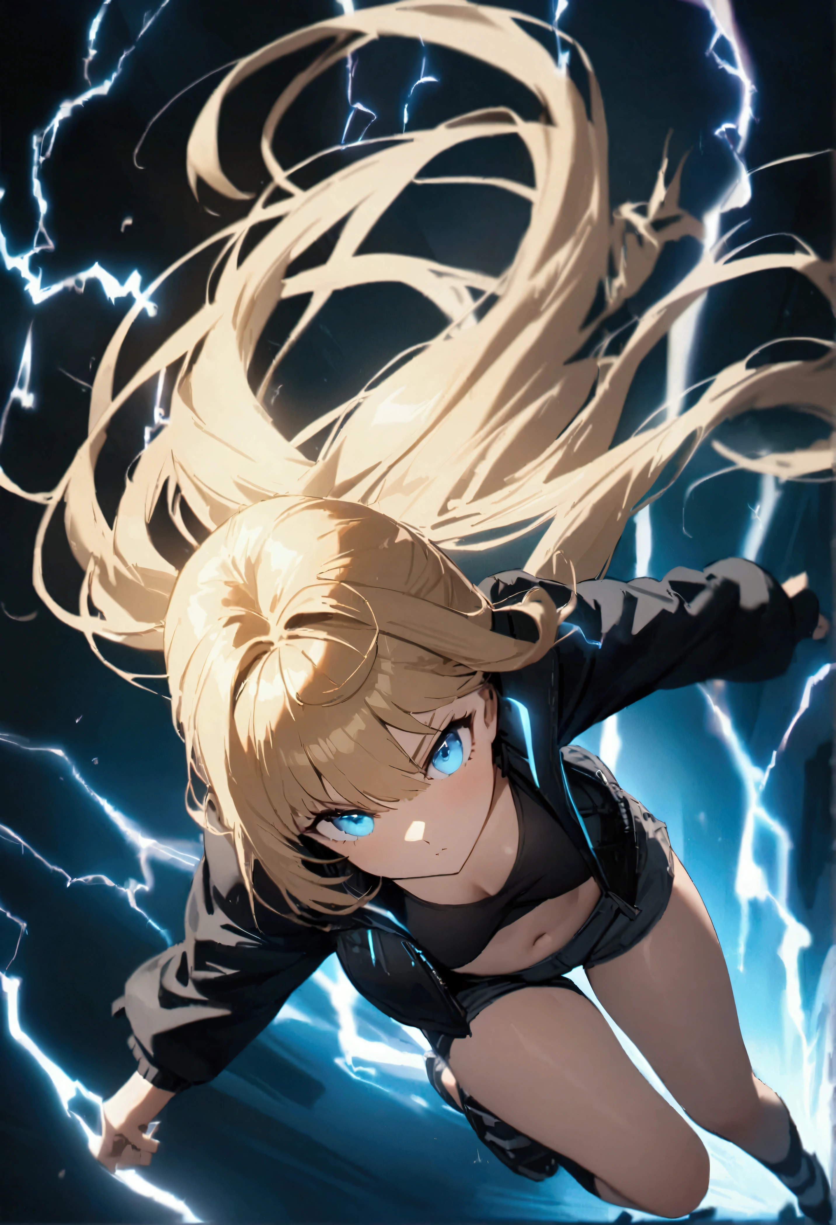 blonde, long flowing hair, cinematic, light blue eyes, glowing effect, electricity, 1 girl, beautiful girl, shorts, small black jacket with tight black shirt under, show navel, jumping in air, epic, masterpiece, futuristic, flowing lightning energy around body, Lightning Glow effect, very detailed, action pose, from above view depth of field.
