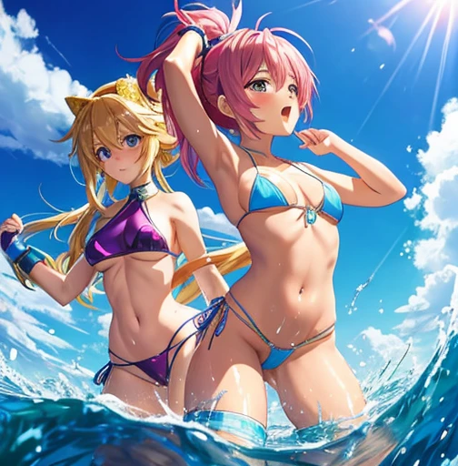 some pretty anime characters fighting over water with one another over the top of them a sun blushing lewd face while wearing very tight boots micro bikini
