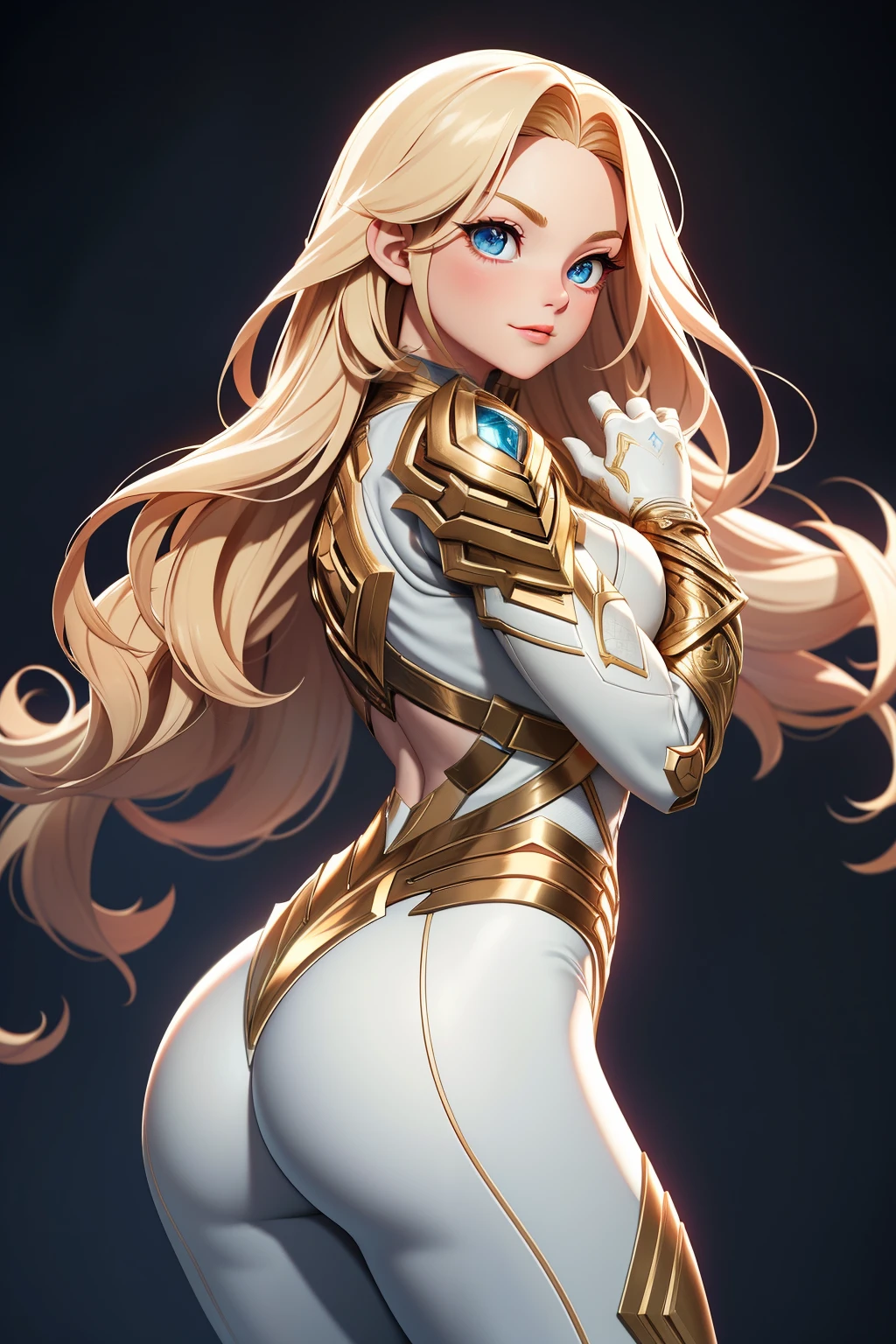 In a random location, there stands a woman of striking beauty, her very long blonde hair cascading down her back, fitting perfectly with her white skin complexion. She is dressed in an armor suit inspired by both Aphrodite and Jean Grey, showcasing a fusion of strength and femininity. The suit is intricately detailed, extending to her gloves, and its cinematic lighting highlights every curve and line.

Despite the heavy armor, she possesses an impossibly small waist, the circumference of her lower extremities far exceeding 90 inches, a testament to her massive hip measurements. This superior body part, a blend of Christina Hendricks and young Brooke Sh