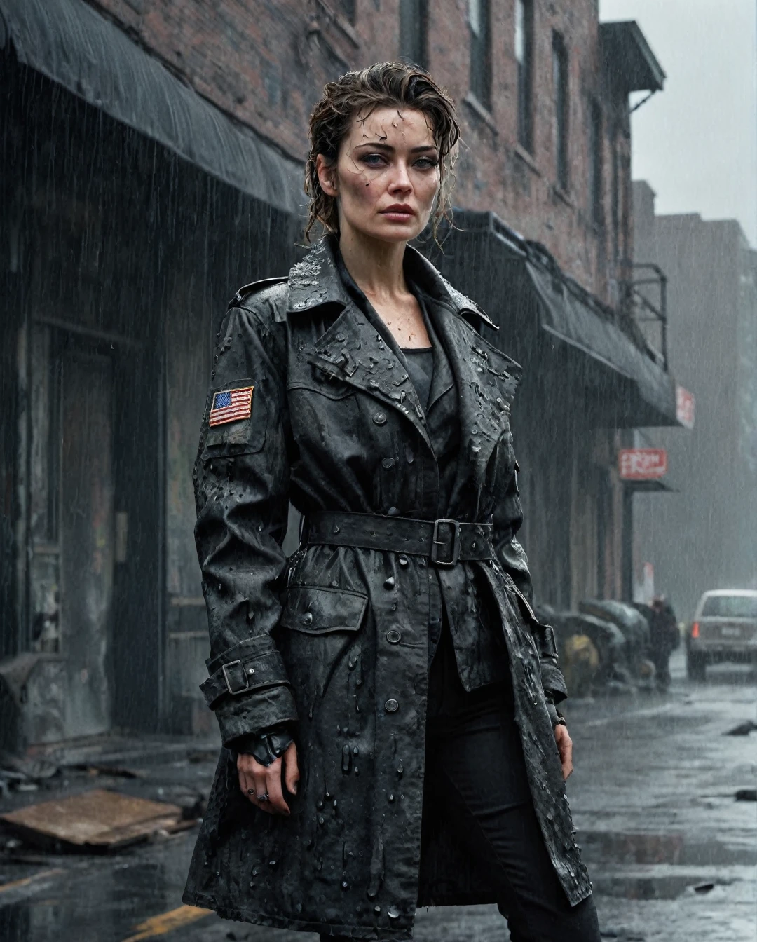 photorealism, hyperrealism, cinematic, A stunning street style portrait of a rugged post-apocalyptic, of Selina Kyle, braving the elements. Dressed in traditional costume with black military camouflage details with a worn texture, he stands against a desolate urban backdrop. Rain falls, creating a cinematic atmosphere as the drops hit the surface of the coat. Intricate details such as patched repairs and buckled straps accentuate the character's resilience and resourcefulness. The scene is captured in a high-contrast, emphasizing the interplay of light and shadows.