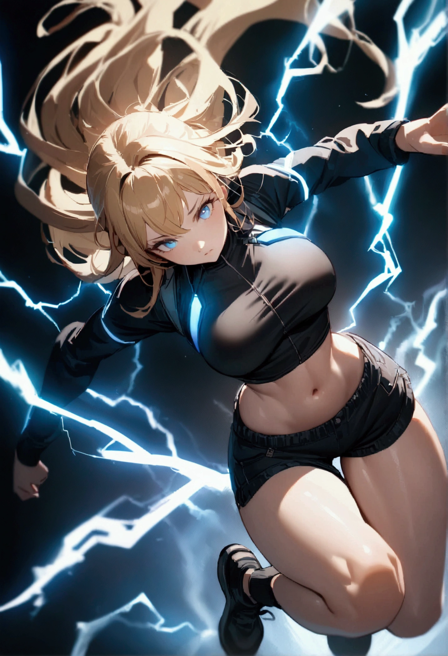 blonde, long flowing hair, cinematic, light blue eyes, glowing effect, electricity, 1 girl, beautiful girl, shorts, small black jacket with tight black shirt under, show navel, jumping in air, epic, masterpiece, futuristic, flowing lightning energy around body, Lightning Glow effect, very detailed, action pose, from above view depth of field, muscle definition.