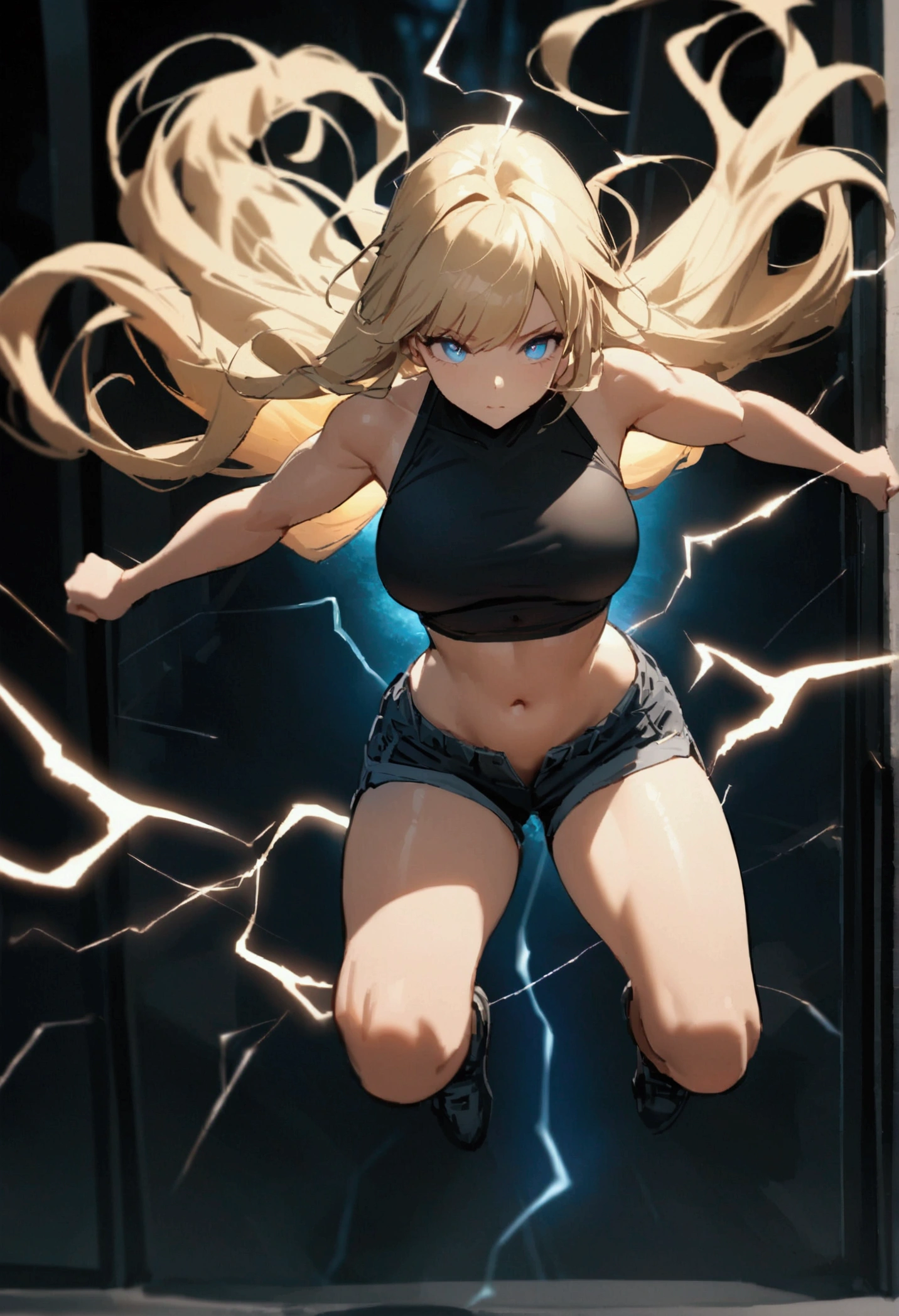 blonde, long flowing hair, cinematic, light blue eyes, glowing effect, electricity, 1 girl, beautiful girl, shorts, small black jacket with tight black shirt under, show navel, jumping in air, epic, masterpiece, futuristic, flowing lightning energy around body, Lightning Glow effect, very detailed, action pose, from above view depth of field, muscle definition.
