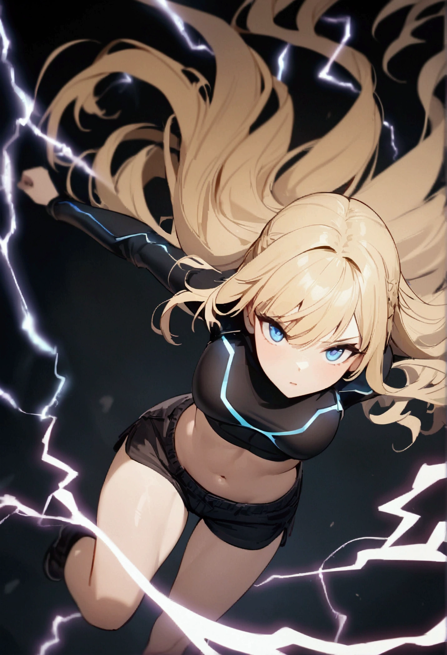 blonde, long flowing hair, cinematic, light blue eyes, glowing effect, electricity, 1 girl, beautiful girl, shorts, small black jacket with tight black shirt under, show navel, jumping in air, epic, masterpiece, futuristic, flowing lightning energy around body, Lightning Glow effect, very detailed, action pose, from above view depth of field, muscle definition.