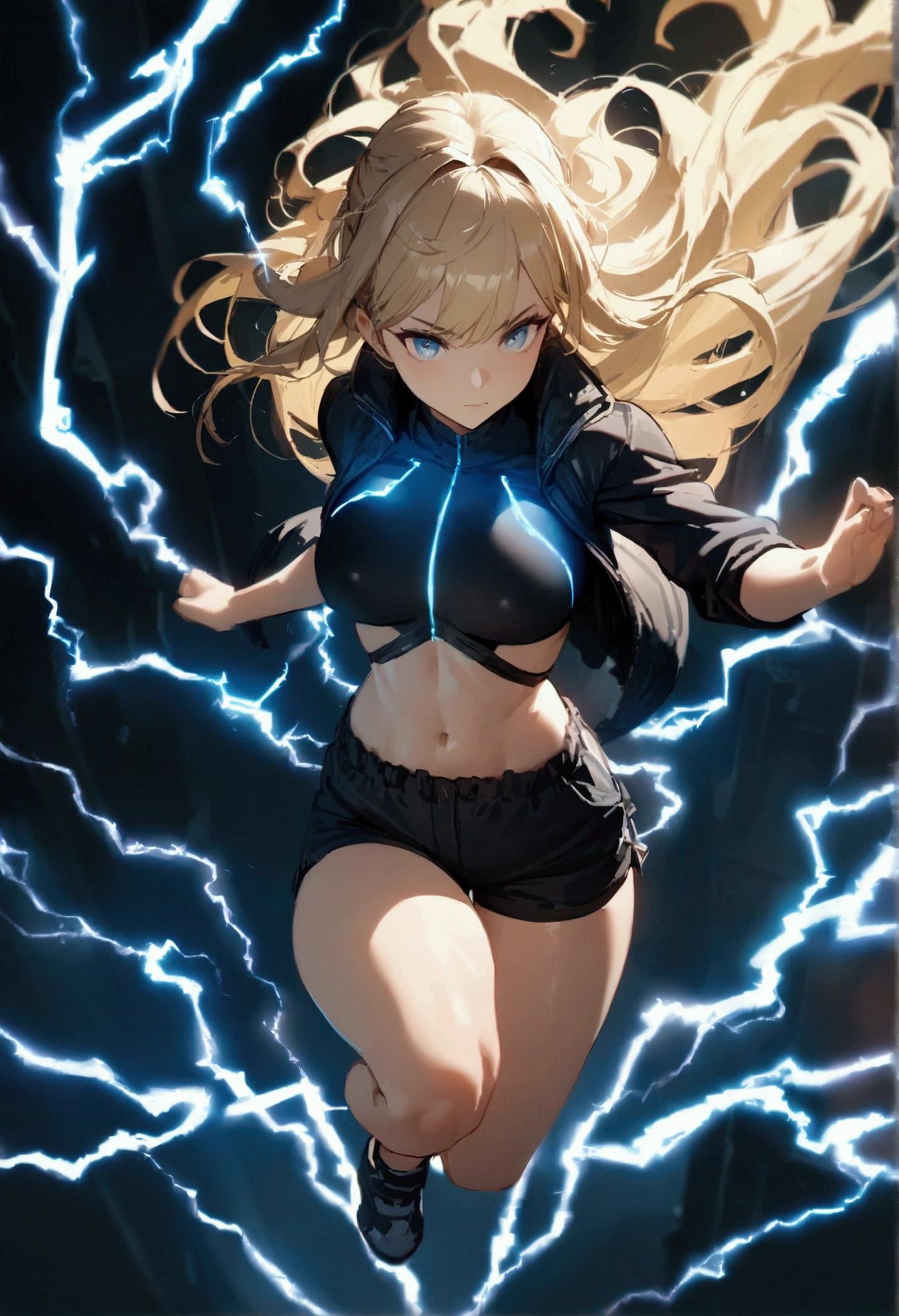 blonde, long flowing hair, cinematic, light blue eyes, glowing effect, electricity, 1 girl, beautiful girl, shorts, small black jacket with tight black shirt under, show navel, jumping in air, epic, masterpiece, futuristic, flowing lightning energy around body, Lightning Glow effect, very detailed, action pose, from above view depth of field, muscle definition.