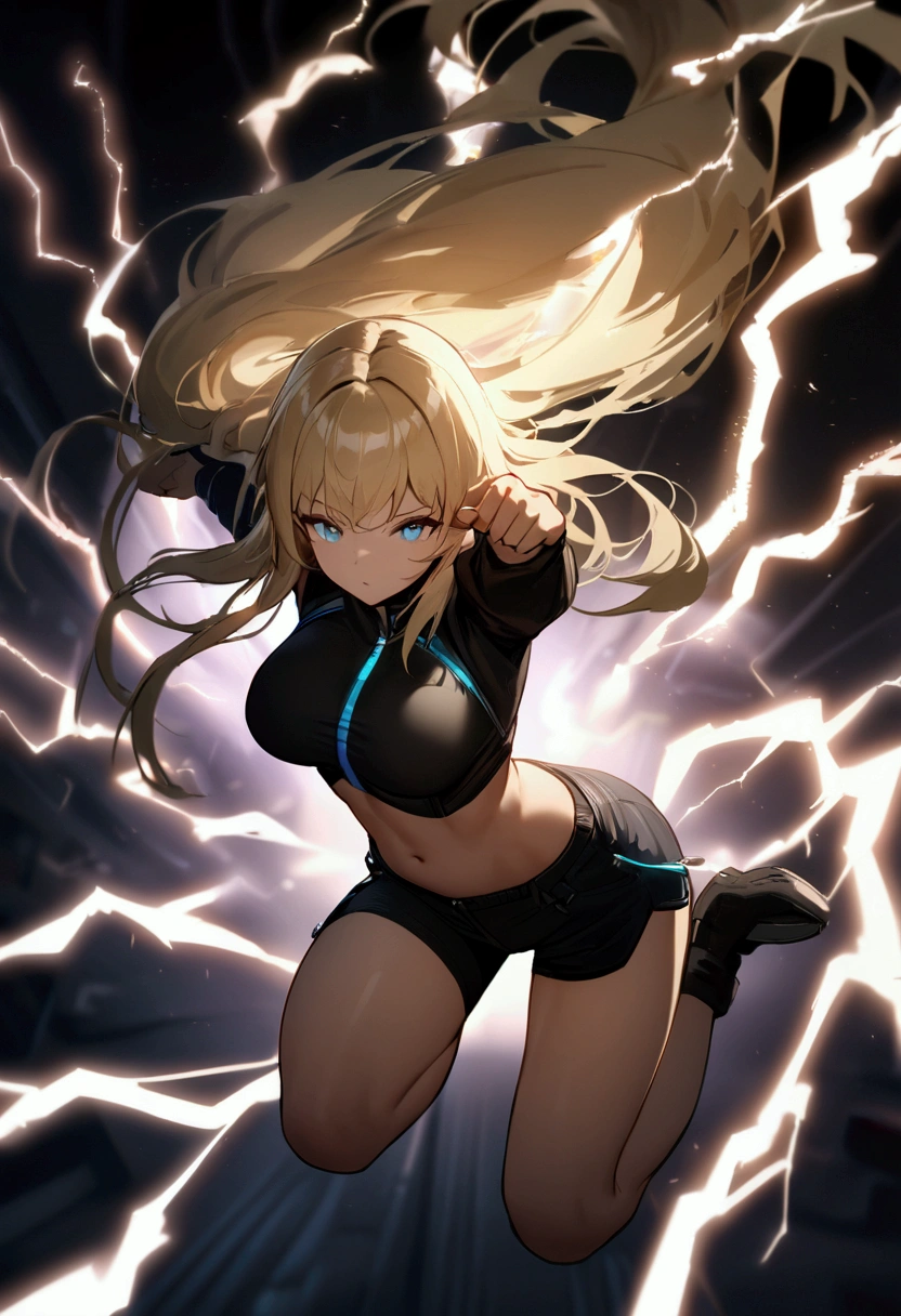 blonde, long flowing hair, cinematic, light blue eyes, glowing effect, electricity, 1 girl, beautiful girl, shorts, small black jacket with tight black shirt under, show navel, jumping in air, epic, masterpiece, futuristic, flowing lightning energy around body, Lightning Glow effect, very detailed, action pose, from above view depth of field, muscle definition.
