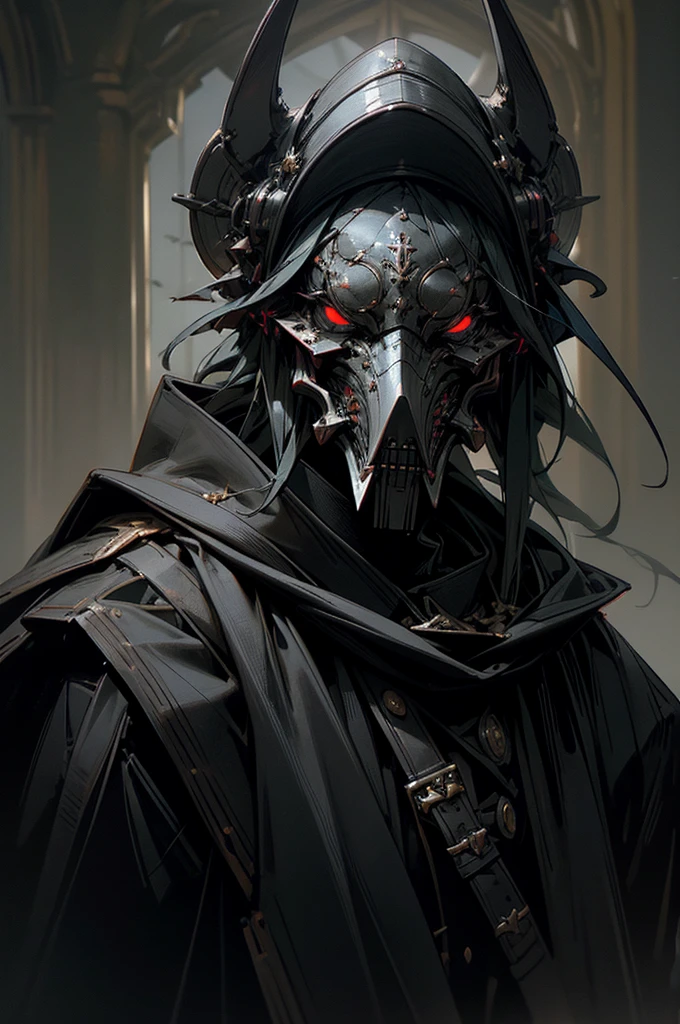 a fierce god, mech, ruler with piercing red eyes, hair of white silk, on their face a white plague doctor gas mask with the beak of a raven, ww1 uniform, ww2 uniform, military uniform, fantasy white plague doctor mask with a beak, highly detailed, photorealistic, 8k, masterpiece, dramatic lighting, cinematic, dark fantasy, dramatic, moody, gritty, gothic, cold colors, transformative palette, chiaroscuro, dramatic shadows, powerful, imposing, authoritarian, dystopian, post-apocalyptic, royalty, powerful