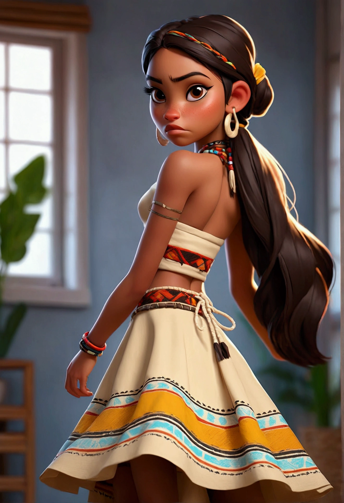 an hot indigenous gril, 18 years old from a tribre from brazil, Wearing a sensual indigenous full skirt, photo from behind,at modern apartament