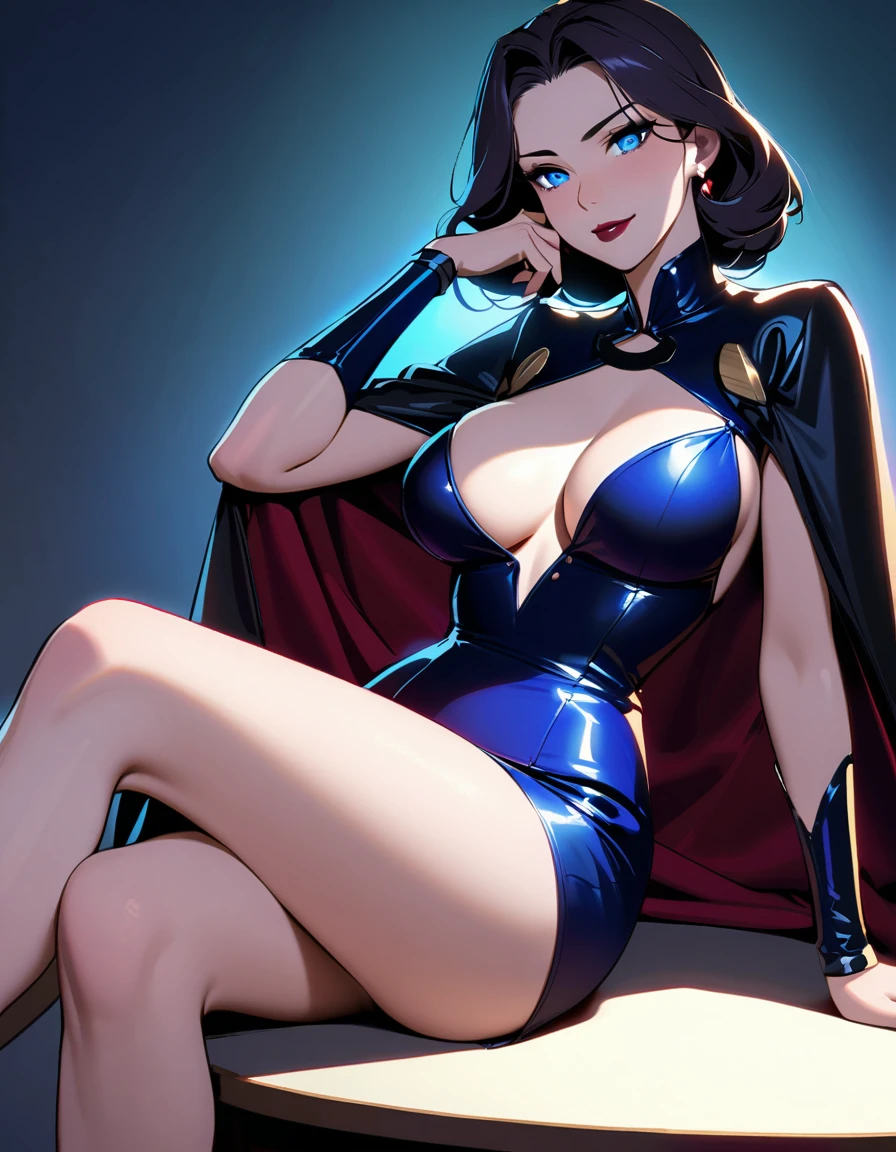 NSFW, LWRD, In a dimly lit office, Governor Rottenmeier, a stunning 35-year-old femme fatale, sits confidently at her table, exuding an aura of mystery and menace. Her athletic physique is showcased by the tight black coat and mini skirt, while her perfectly beautiful body glows under the soft light. A sly smile plays on her lips as she brandishes a sharp, lustrous black karambit knife, its edge glinting menacingly in the faint glow. Her short black hair frames her detailed face, with intense blue eyes and arched eyebrows that seem to pierce through the darkness. The air is thick with a sense of foreboding as she gazes seductively at him with lewd eyes that hide a murderous intent, her dark red lipstick glistening like a siren's call.
