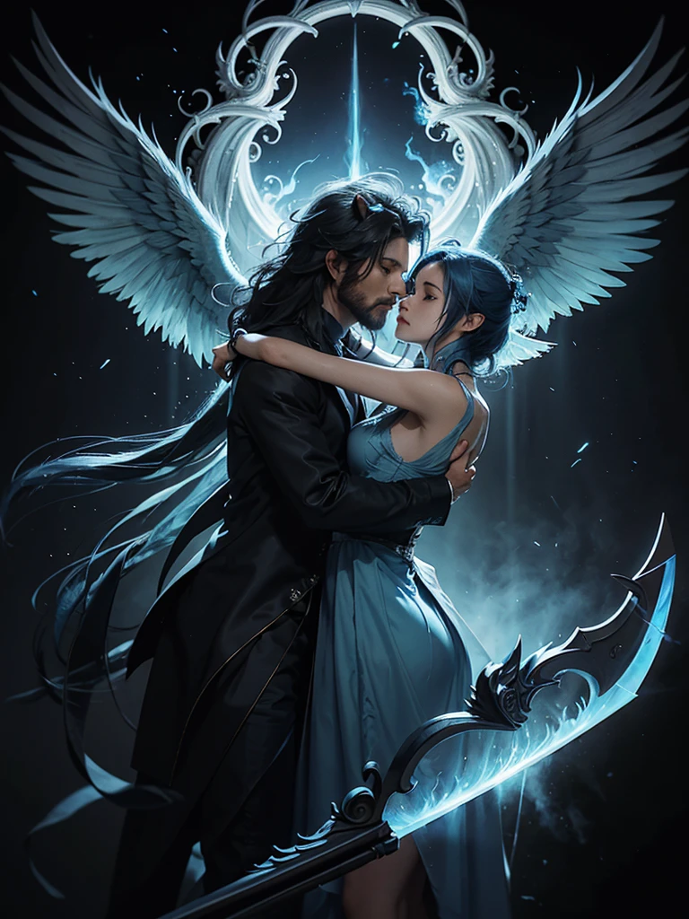 The chimera lion has a body of blue flames, its entire body has an aura of mist, it has angel wings, behind it there is a silhouette of a person carrying a scythe, made in the style of painting, digital drawing,