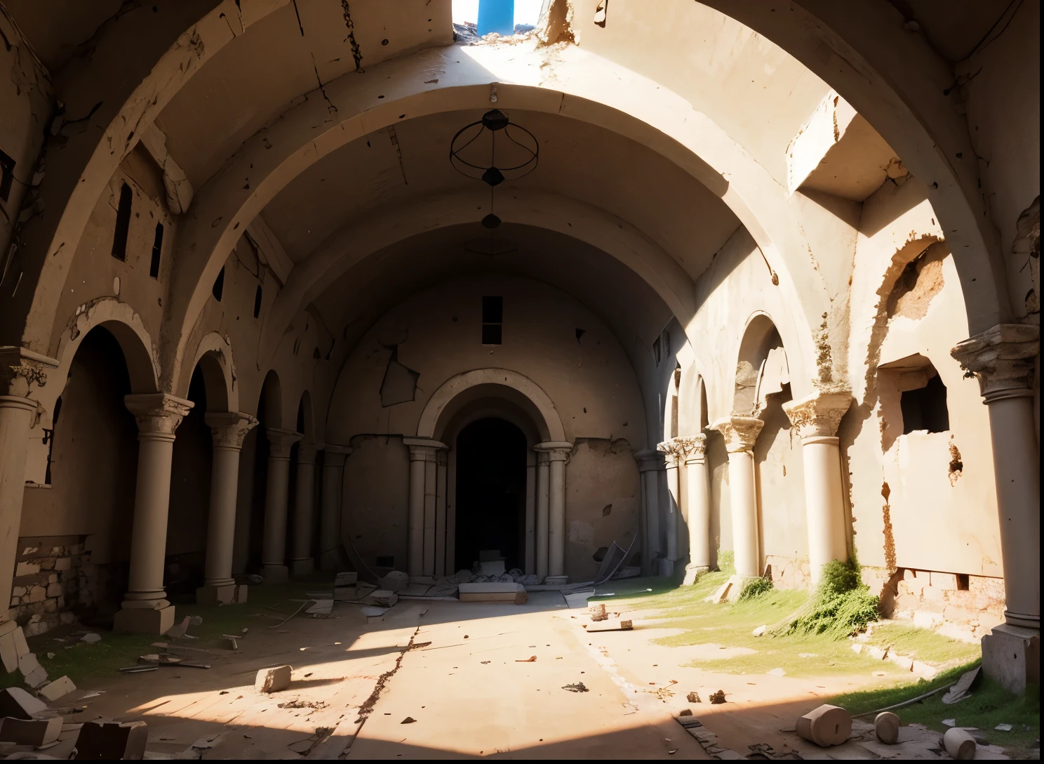 ((Destroyed)) Orthodox church interior ((Underground)), Round Hall, ((hole in the ceiling)), (Serious damage), round columns, light from above