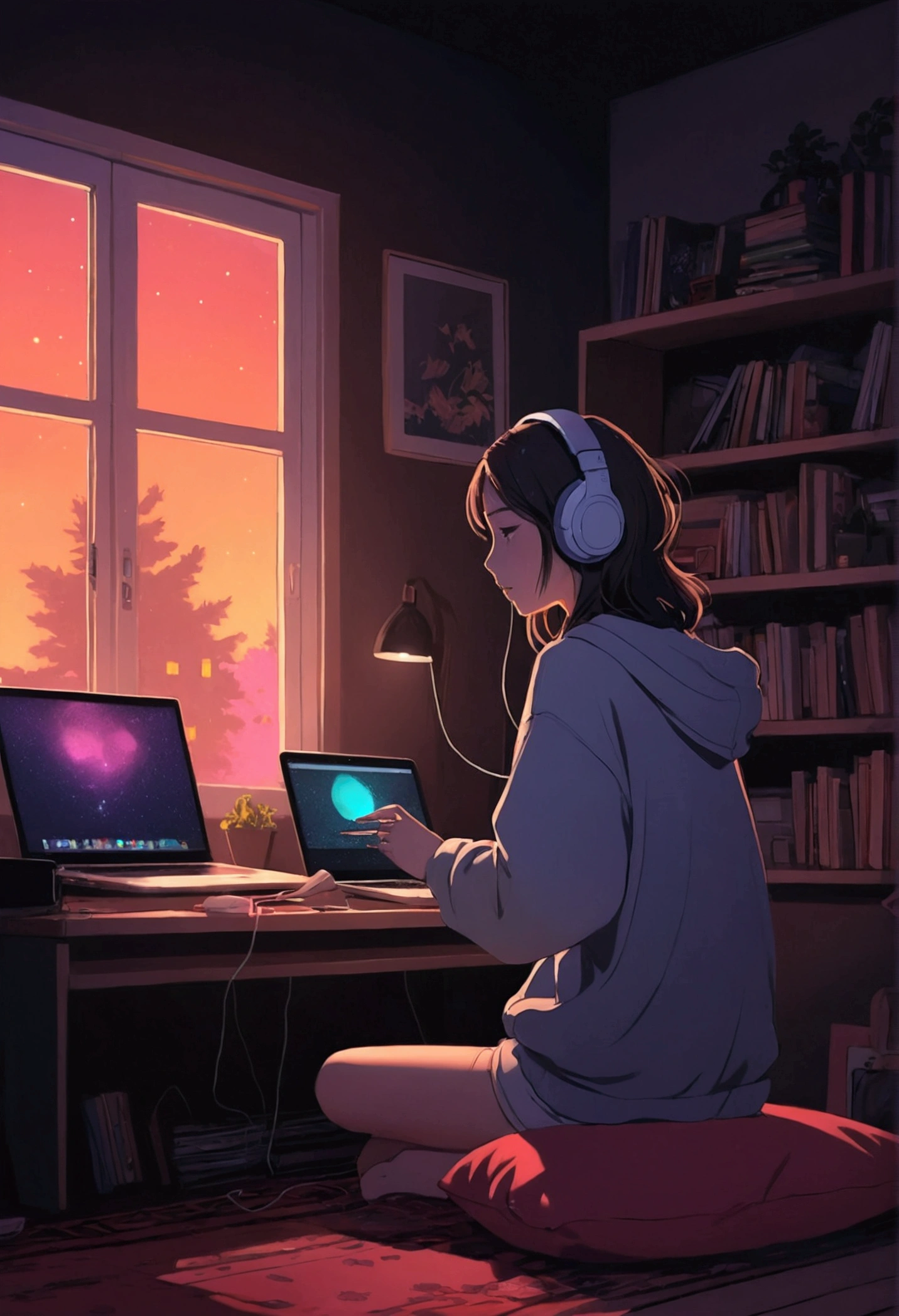 Perfect image, 8k, night、Girl listening to music in a cozy room, Using headphones, 2D-style animation, Lo-Fi, hard disk, Dark Environment, One girl