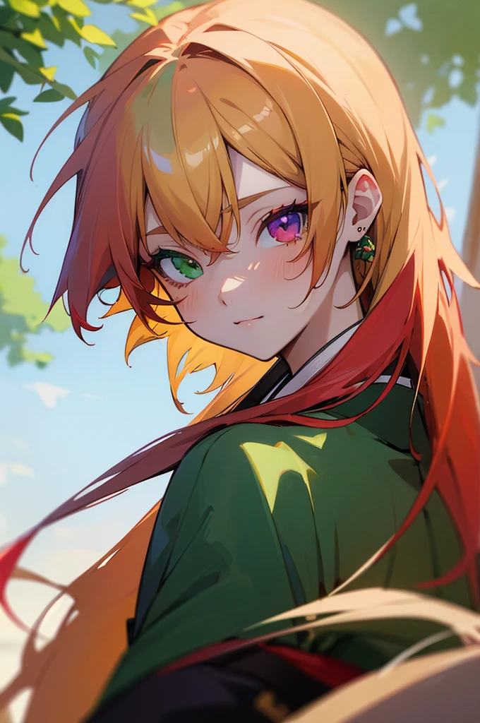 ((best quality)), ((masterpiece)), (detailed), perfect face, multicolored hair, long hair, red hair, blonde hair, hair behind ear, multicolored eyes, heterochromia, green eye and violet, wearing kimono, anime, anime, anime style, En plein air, 8k, super detail