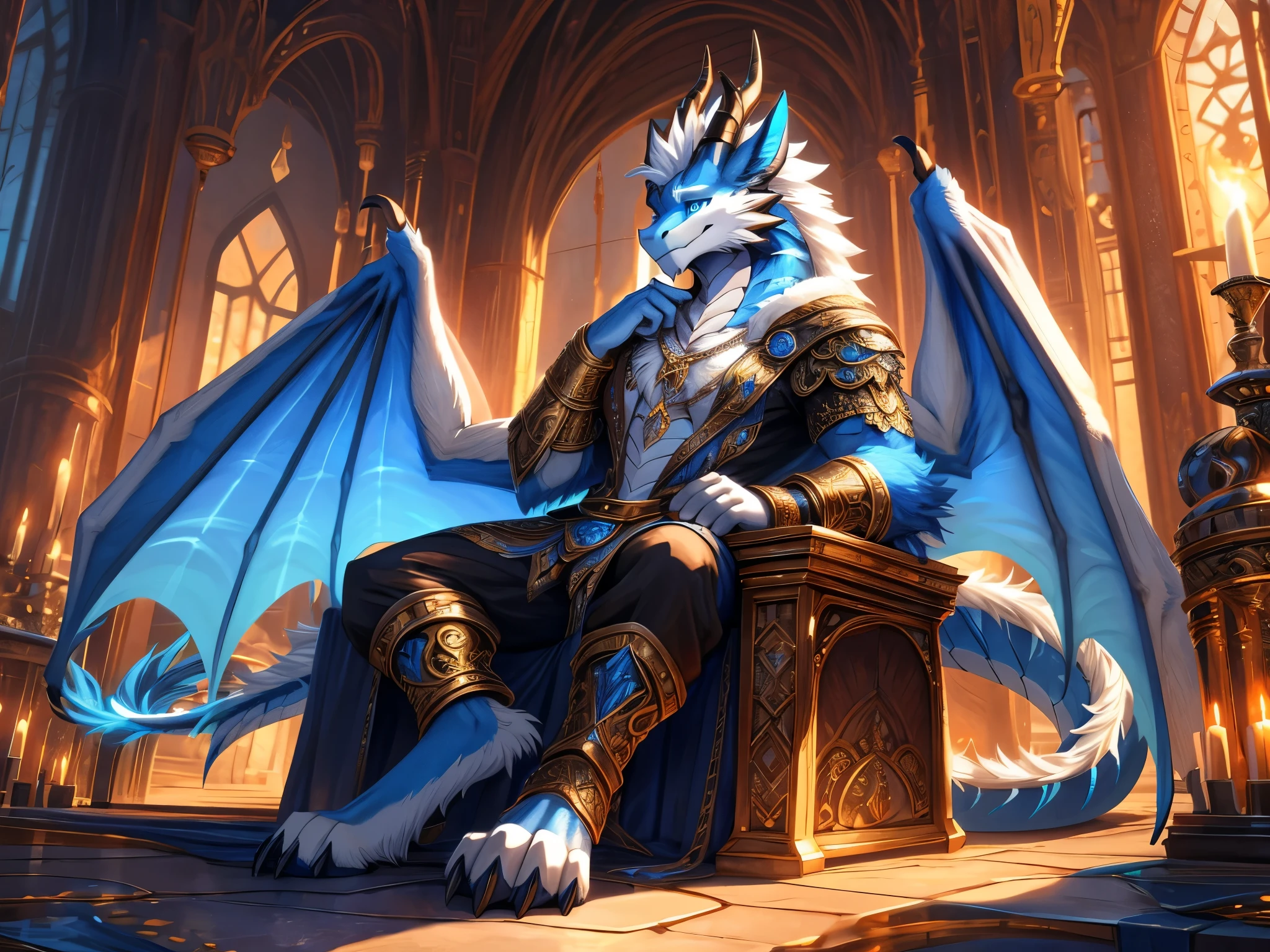 solo,(furred dragon),mature,male,((white fur)),wing,fluffy furs,dragon horns,blue_eyes,cat's eye,tail,handsome,sitting,toe claws,digitigrade,blue pawpads,anklet,bracelet,pendant,clothing details,epic,mgaical,Fantasy,floating_island,Cinematic Lighting,cirrocumulus,perfect lighting,(best quality),(masterpiece),(ultra detailed),sharp focus,(detailed eyes),depth of fieldExtremely gorgeous metal style, Metal crown with ornate stripes, Various metals background, Sputtered molten iron,Clothes made of silver, Clothes with gold lace, flowing gold and silver, everything flowing and melt, flowing iron, flowing silver, lace flowing and melt,