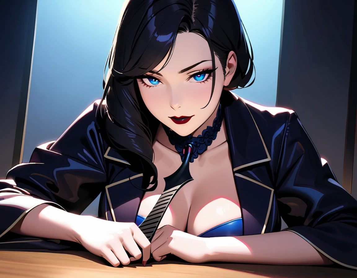 NSFW, LWRD, In a dimly lit office, Governor Rottenmeier, a stunning 35-year-old femme fatale, sits confidently at her table, exuding an aura of mystery and menace. Her athletic physique is showcased by the tight black coat and mini skirt, while her perfectly beautiful body glows under the soft light. A sly smile plays on her lips as she brandishes a sharp, lustrous black karambit knife, its edge glinting menacingly in the faint glow. Her short black hair frames her detailed face, with intense blue eyes and arched eyebrows that seem to pierce through the darkness. The air is thick with a sense of foreboding as she gazes seductively at him with lewd eyes that hide a murderous intent, her dark red lipstick glistening like a siren's call.
