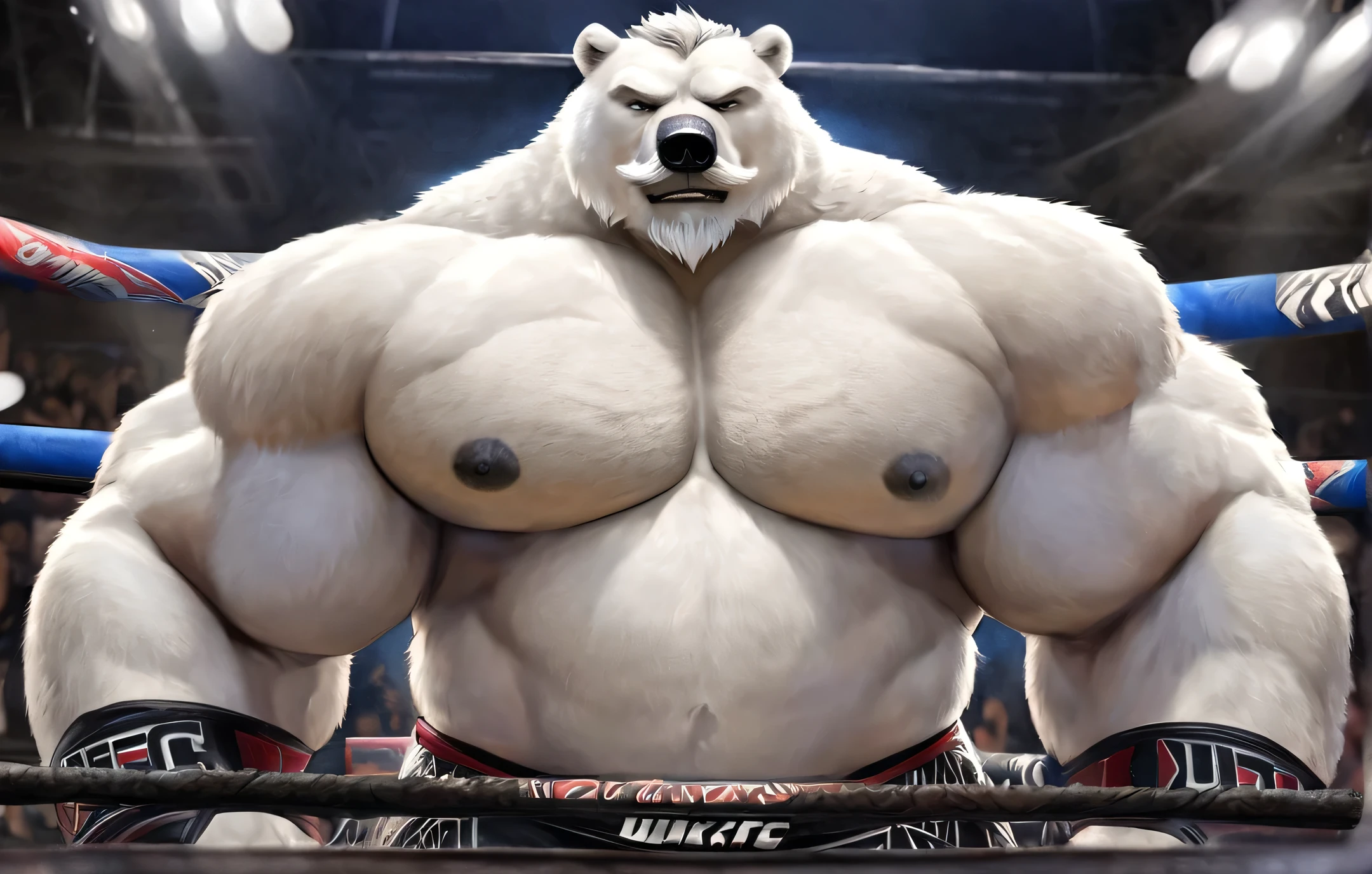 huge muscular polar bear in UFC MMA Fighting Tournament, big smirk, polar bear, huge white fur, thick arm, huge arm, white mustache, white bearded. Short white hair, (huge thick muscular, huge pectoral, wide pectoral, thick arms), bulky, bulking, hulking, correct anatomy, cage arena, fighting ring, realistic, 8k, masterpiece, (wearing black mixed martial arts shorts with blue slits, mixed martial art fingerless gloves with blue pads, blue mouthpiece, black toeless footwear and shirtless and topless), kicking techniques, uppercut punching motivations, champion.