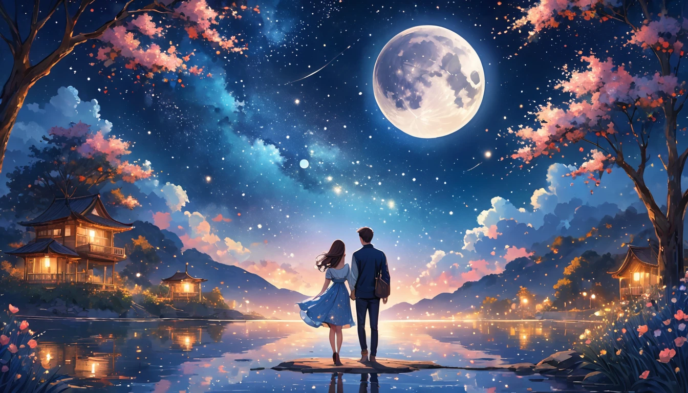 A pair of lovers looks from behind looking at the beautiful night sky decorated with stars and moon with a cool and romantic feel