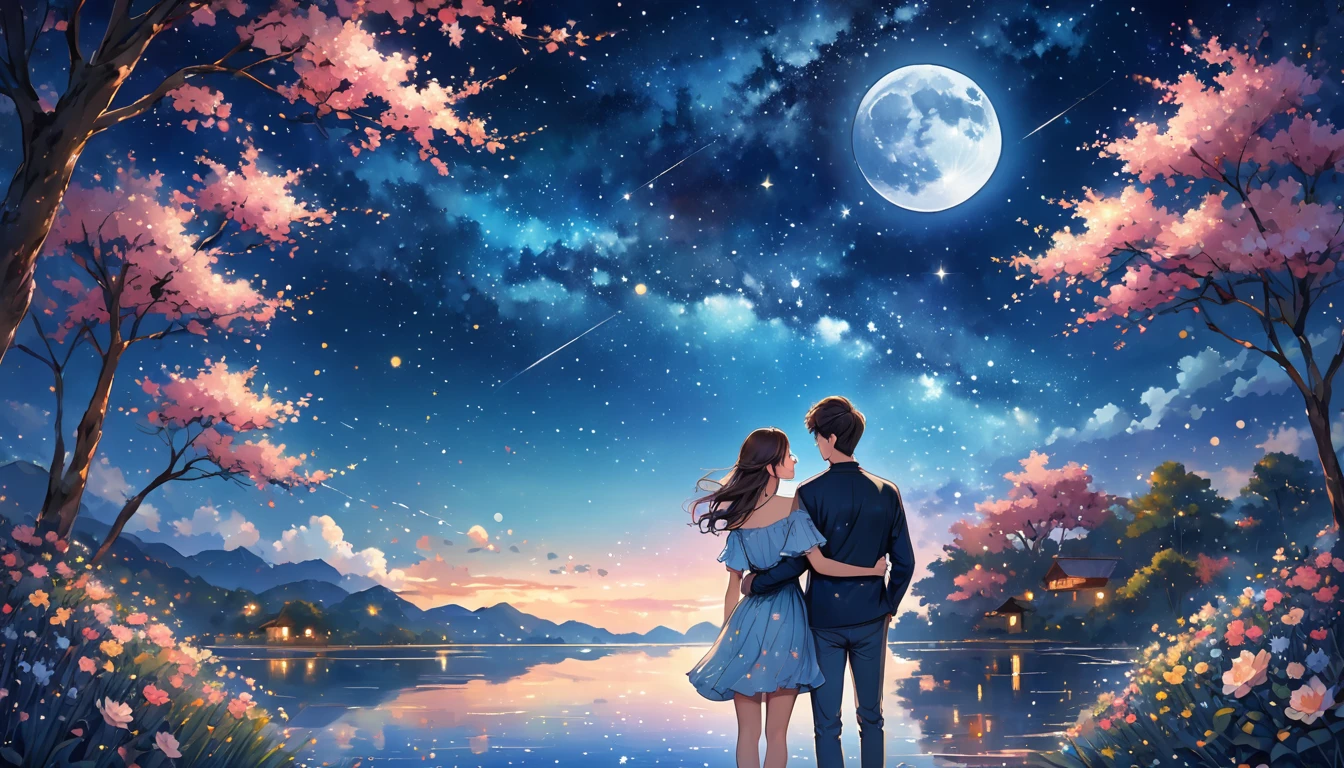 A pair of lovers looks from behind looking at the beautiful night sky decorated with stars and moon with a cool and romantic feel